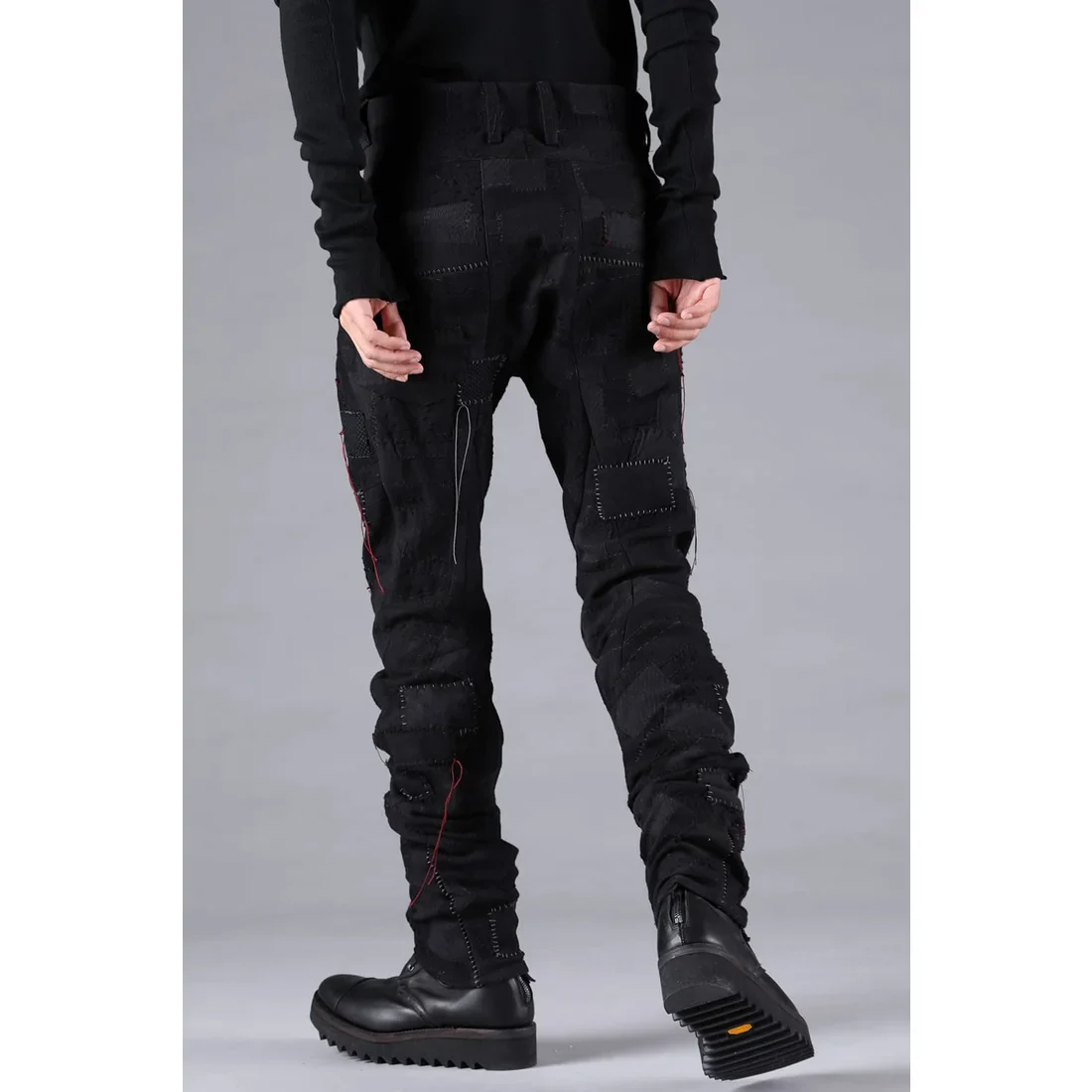 Black Hand Patchwork Crust Jacquard Overlock Twist Curve Pants - Image 9