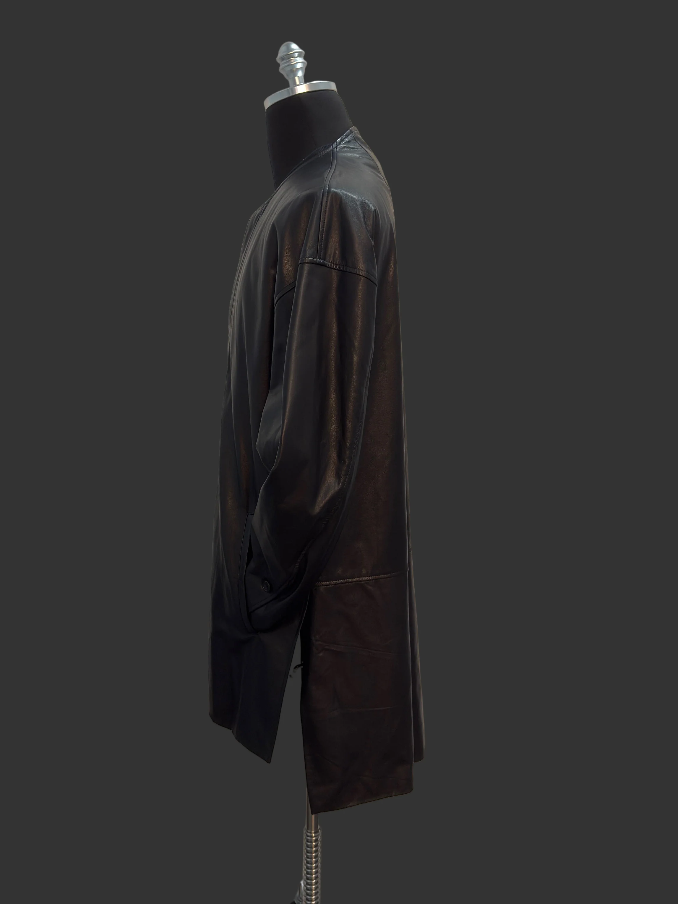 Black Japanese Steer Leather Collarless Car Coat - Image 10