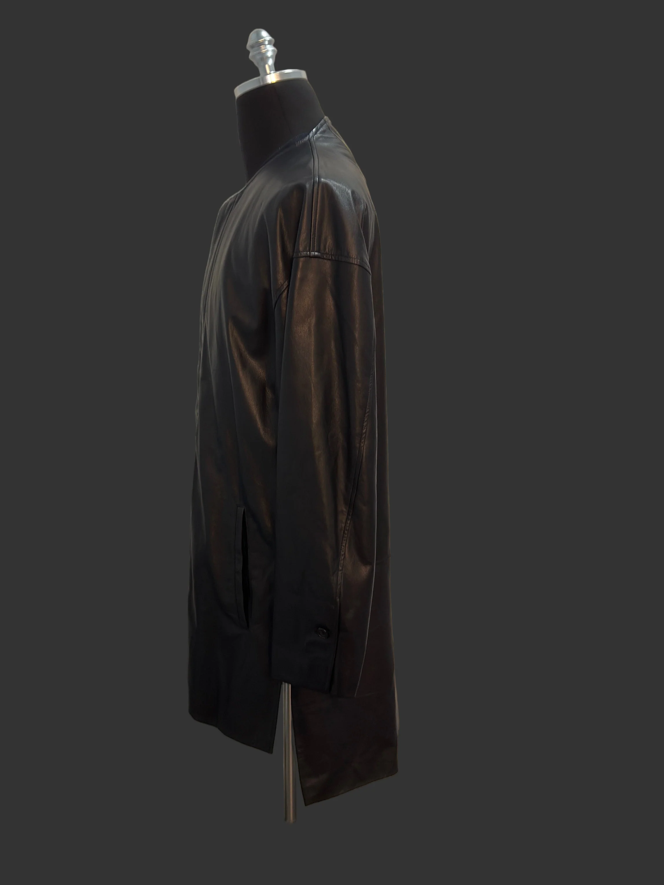 Black Japanese Steer Leather Collarless Car Coat - Image 11