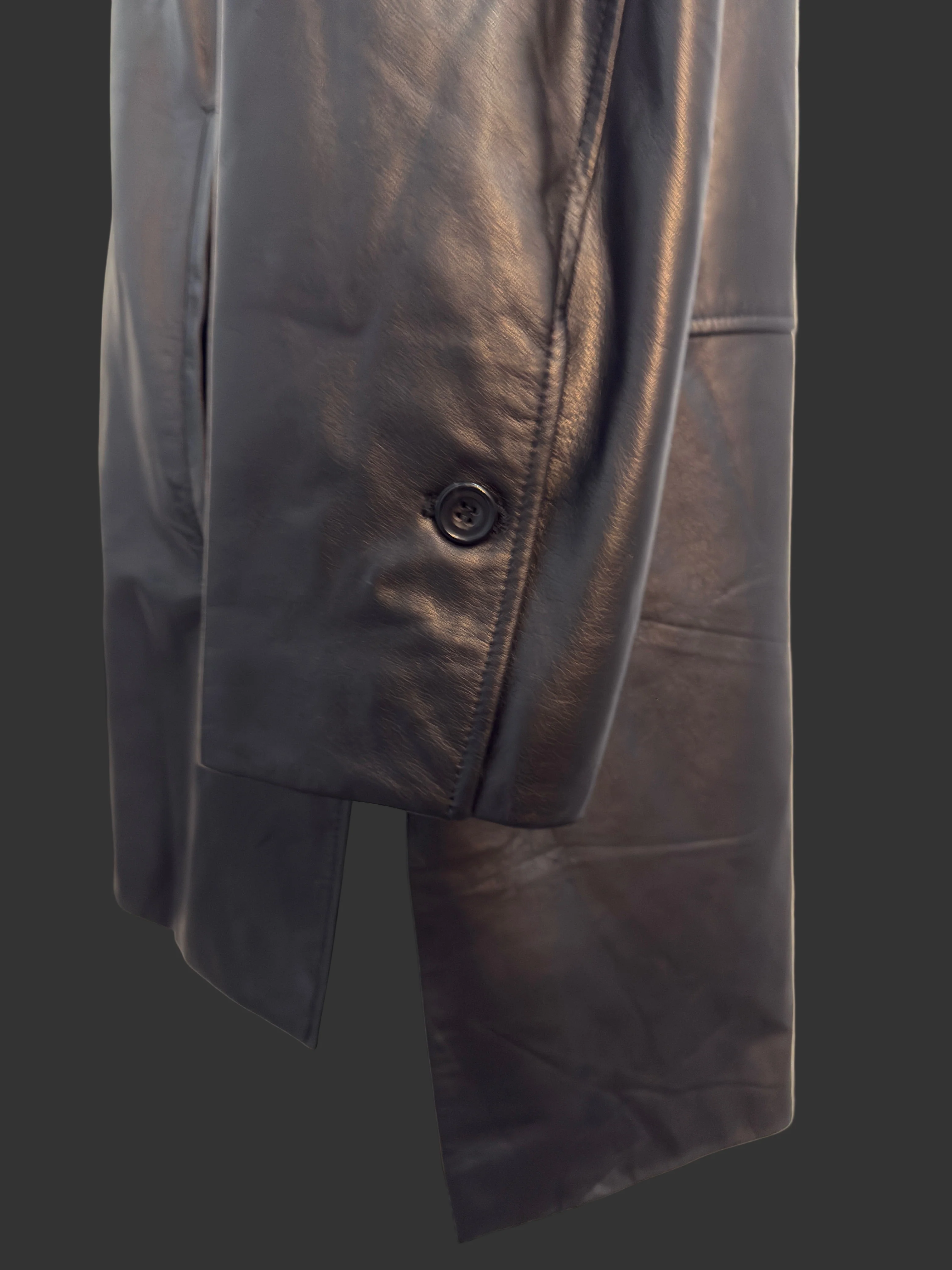 Black Japanese Steer Leather Collarless Car Coat - Image 12