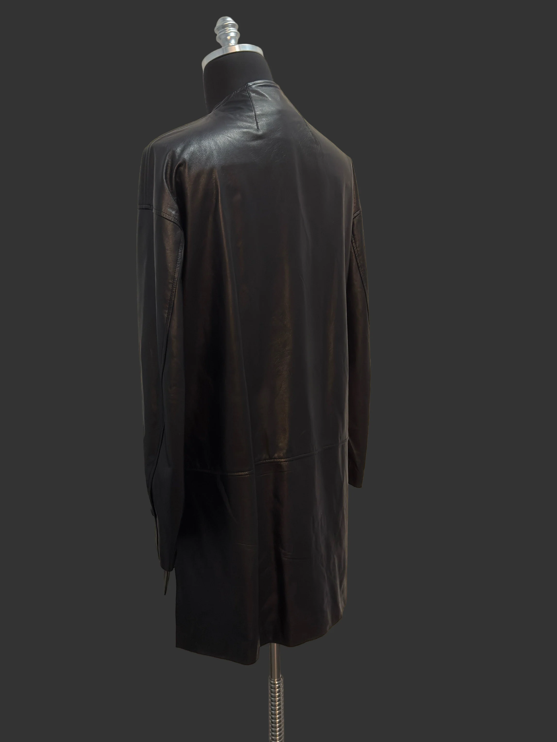 Black Japanese Steer Leather Collarless Car Coat - Image 13