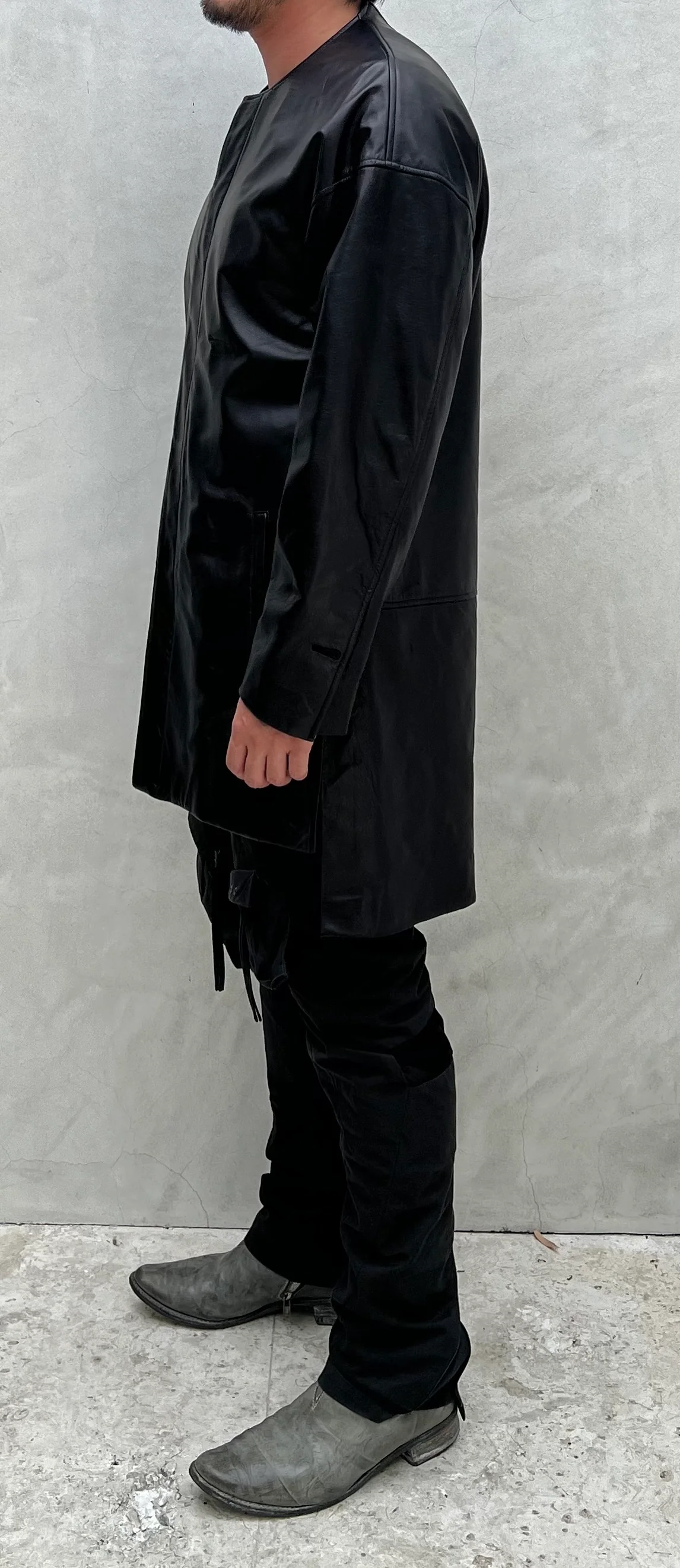 Black Japanese Steer Leather Collarless Car Coat - Image 4