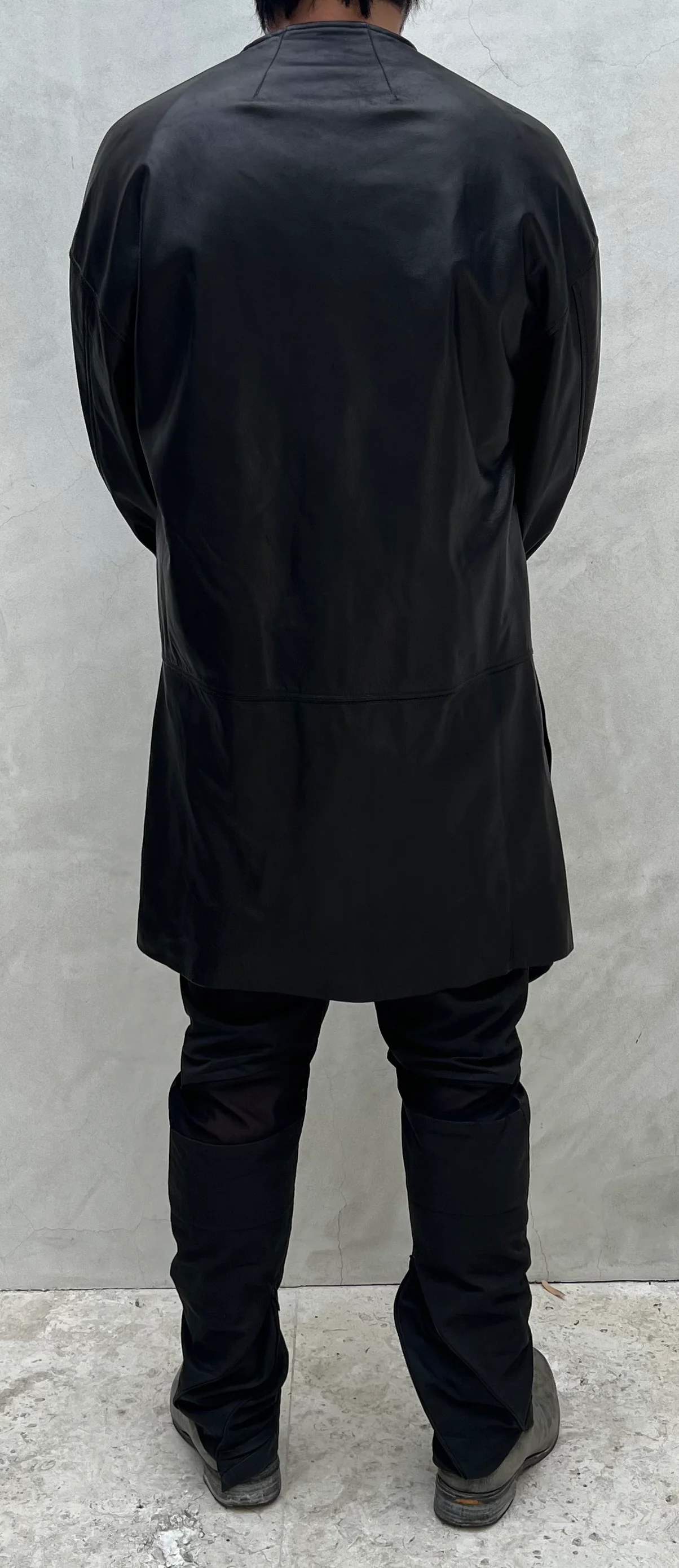 Black Japanese Steer Leather Collarless Car Coat - Image 5