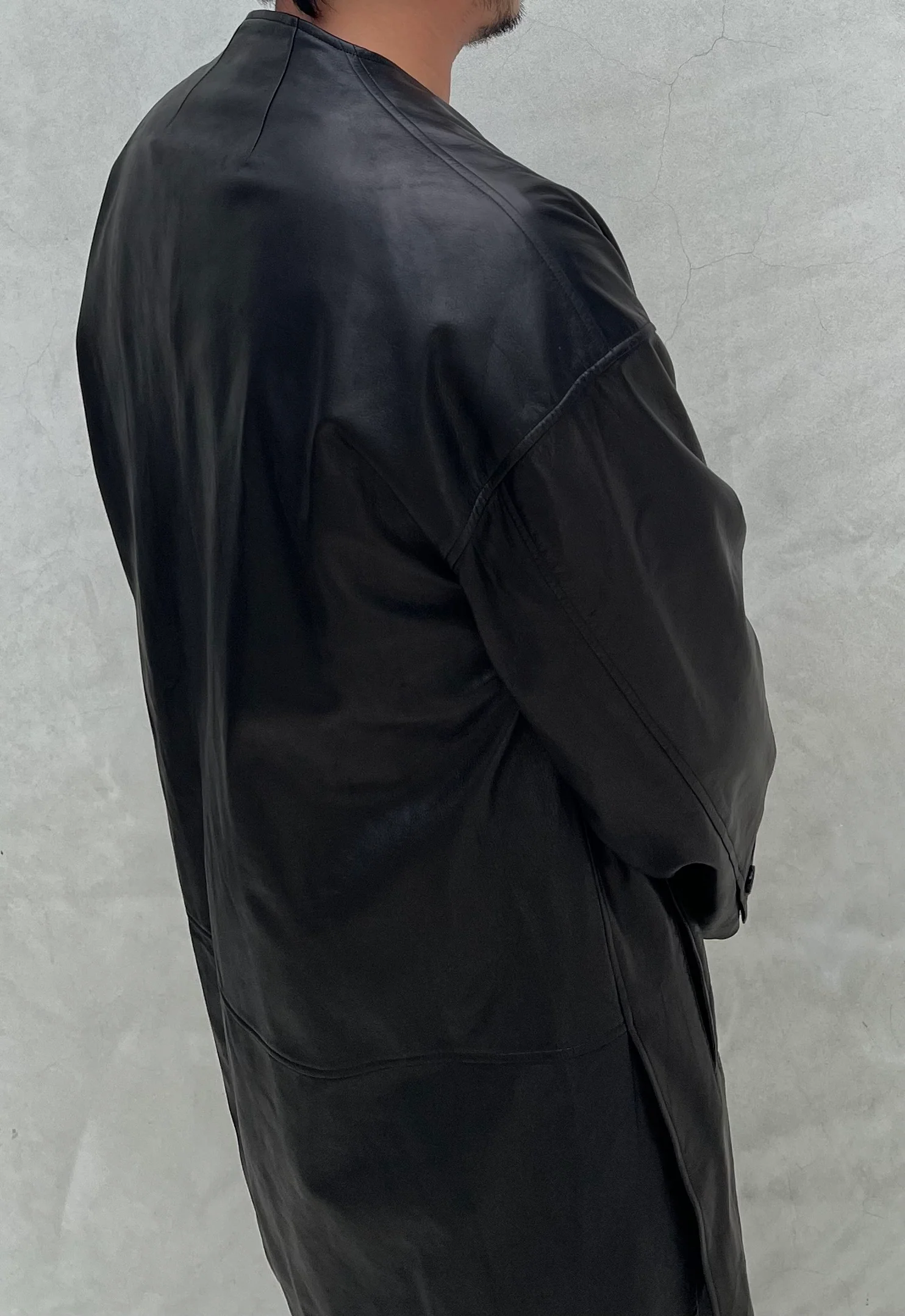 Black Japanese Steer Leather Collarless Car Coat - Image 6