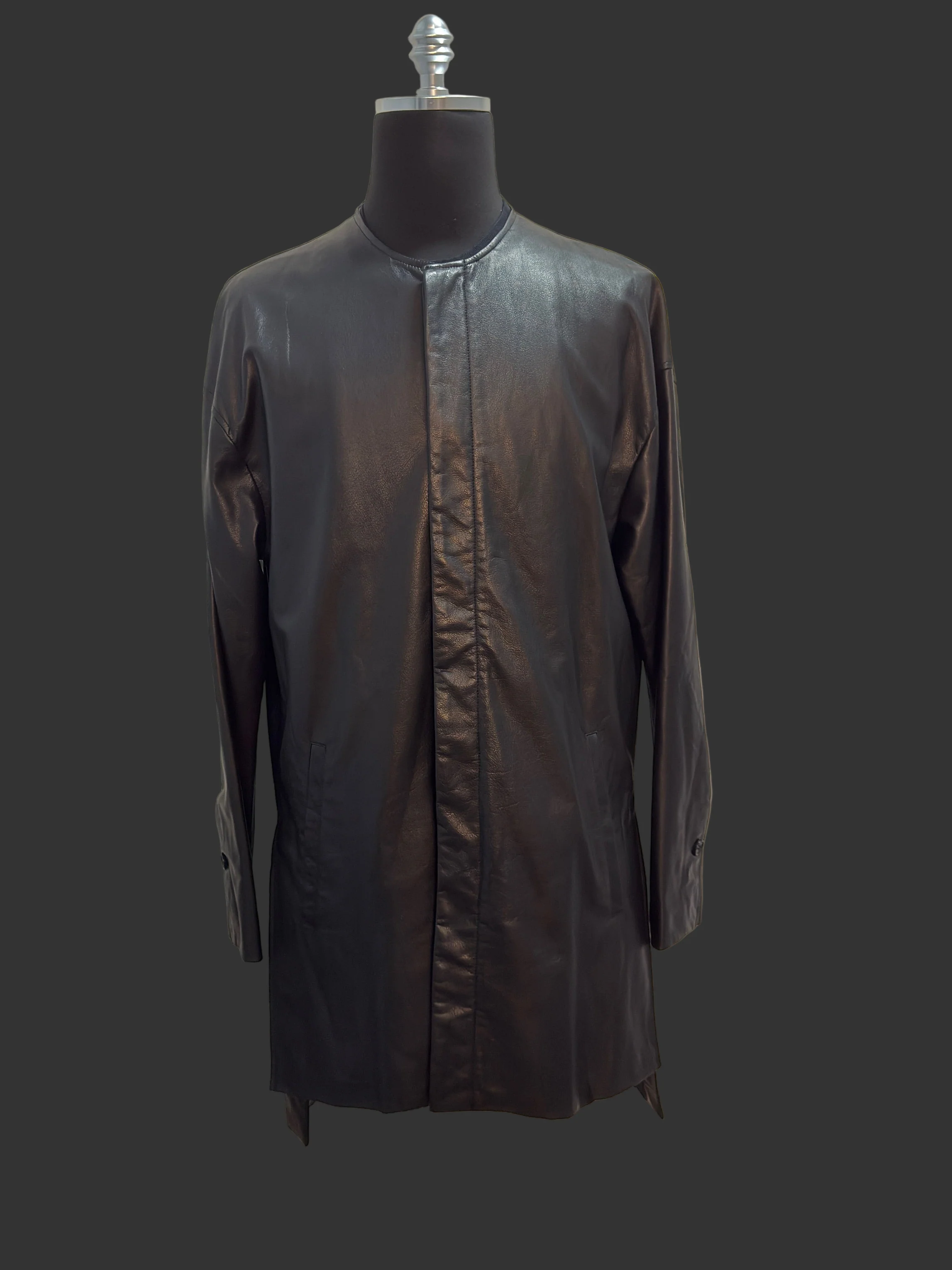 Black Japanese Steer Leather Collarless Car Coat - Image 7