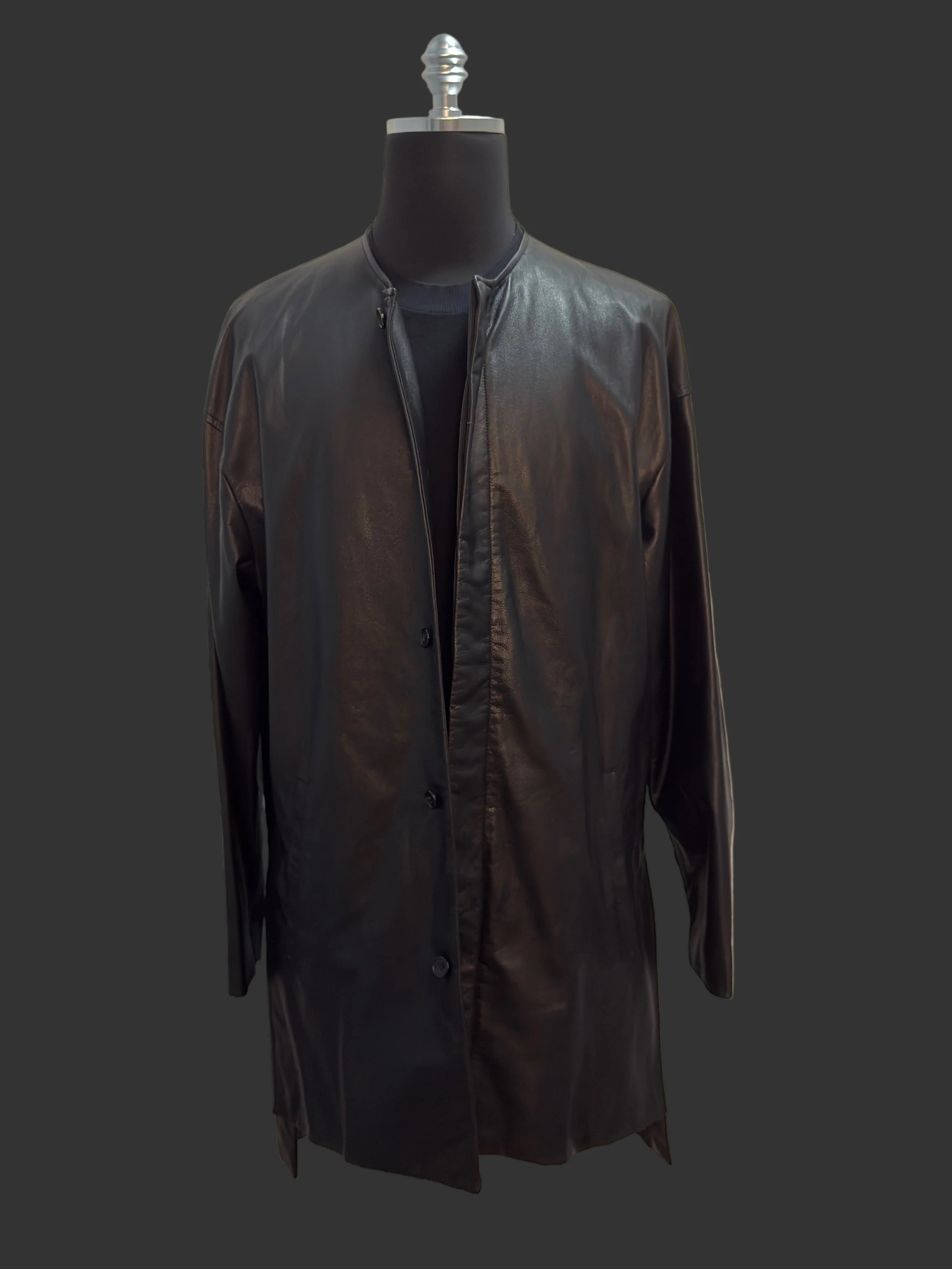 Black Japanese Steer Leather Collarless Car Coat - Image 8