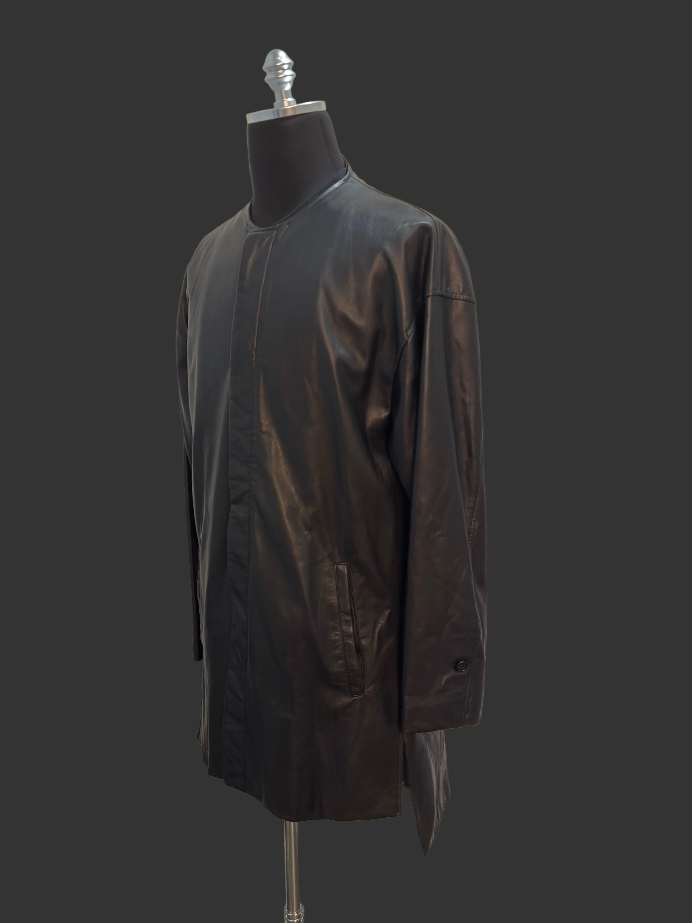 Black Japanese Steer Leather Collarless Car Coat - Image 9