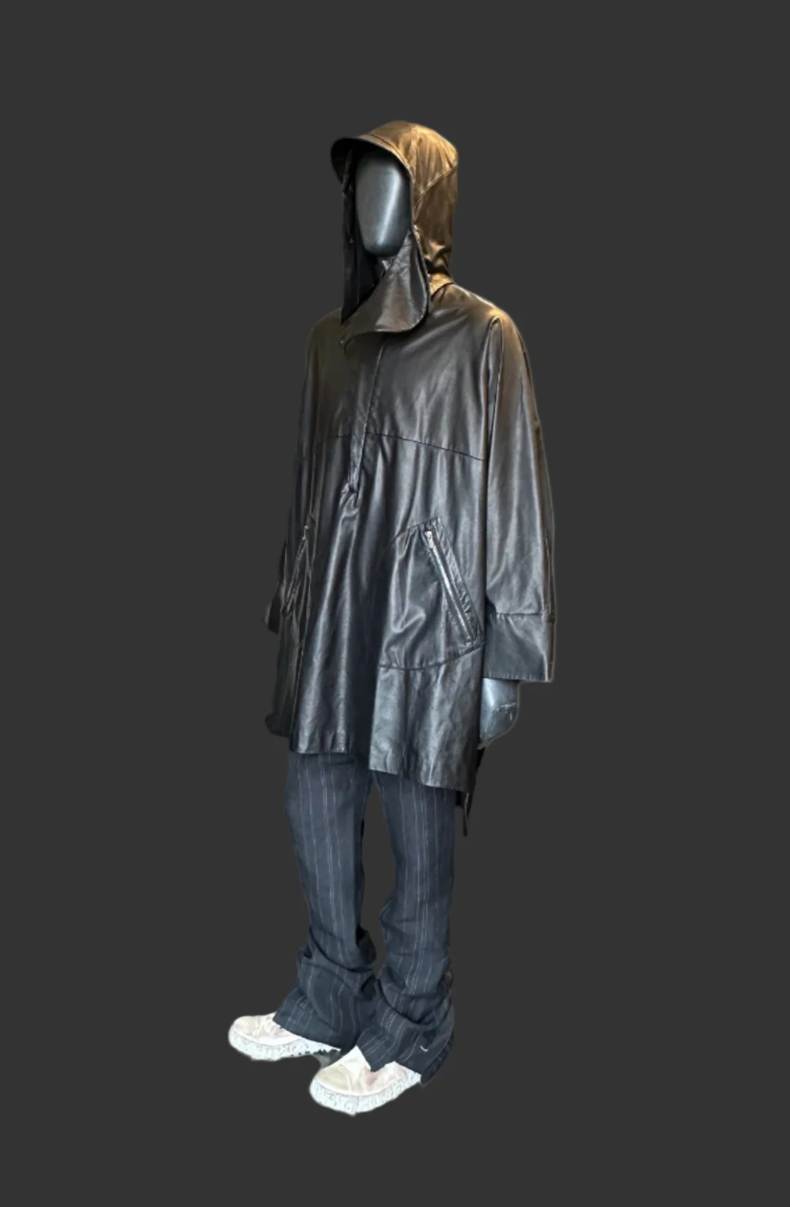 Black Luster Soft Steer Leather Hooded Smock Poncho - Image 10