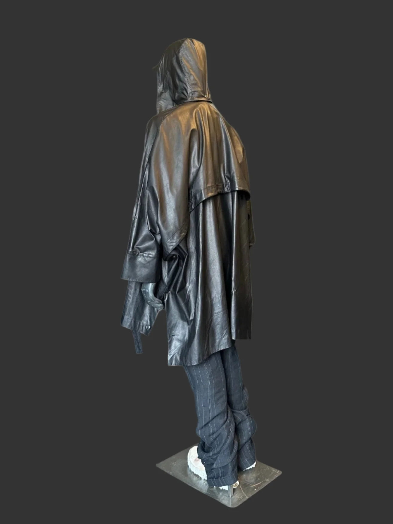 Black Luster Soft Steer Leather Hooded Smock Poncho - Image 12