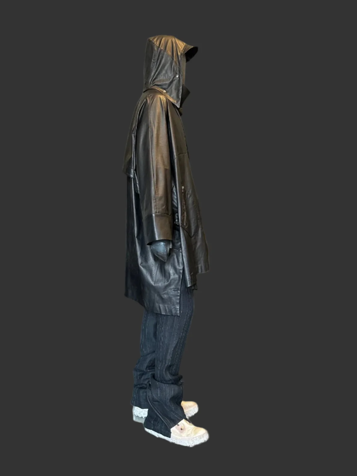 Black Luster Soft Steer Leather Hooded Smock Poncho - Image 13