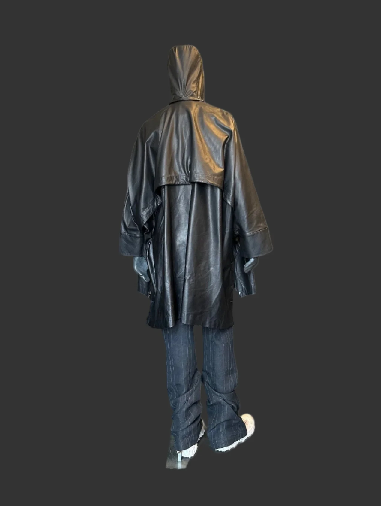 Black Luster Soft Steer Leather Hooded Smock Poncho - Image 15