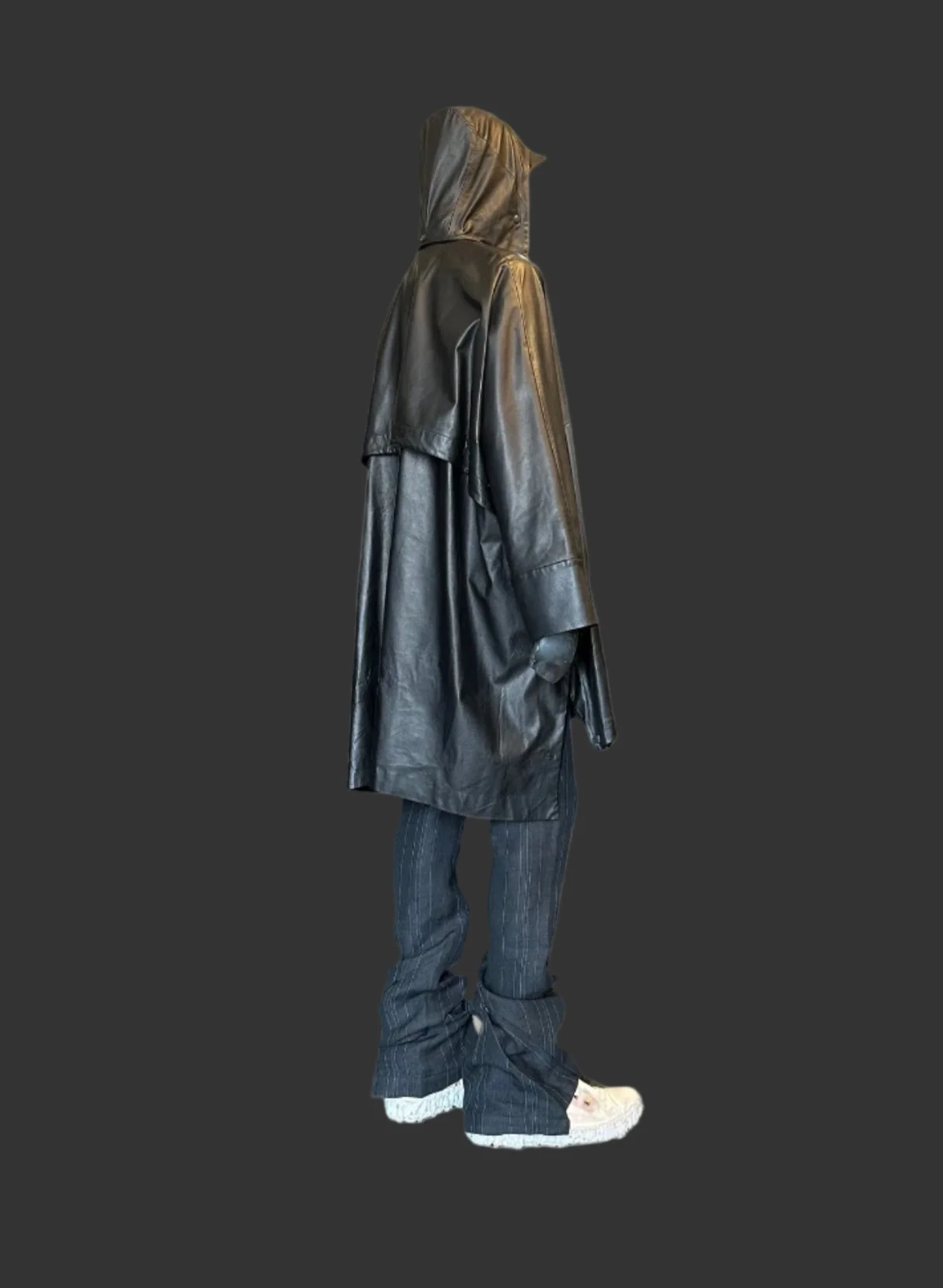 Black Luster Soft Steer Leather Hooded Smock Poncho - Image 16