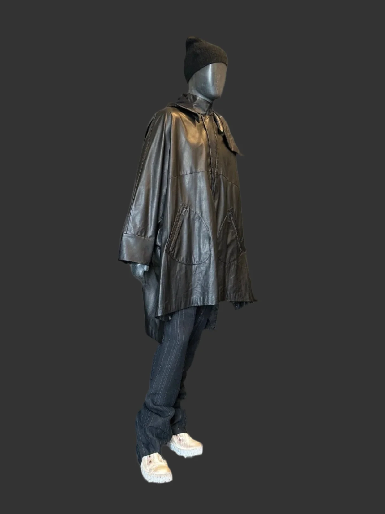 Black Luster Soft Steer Leather Hooded Smock Poncho - Image 18
