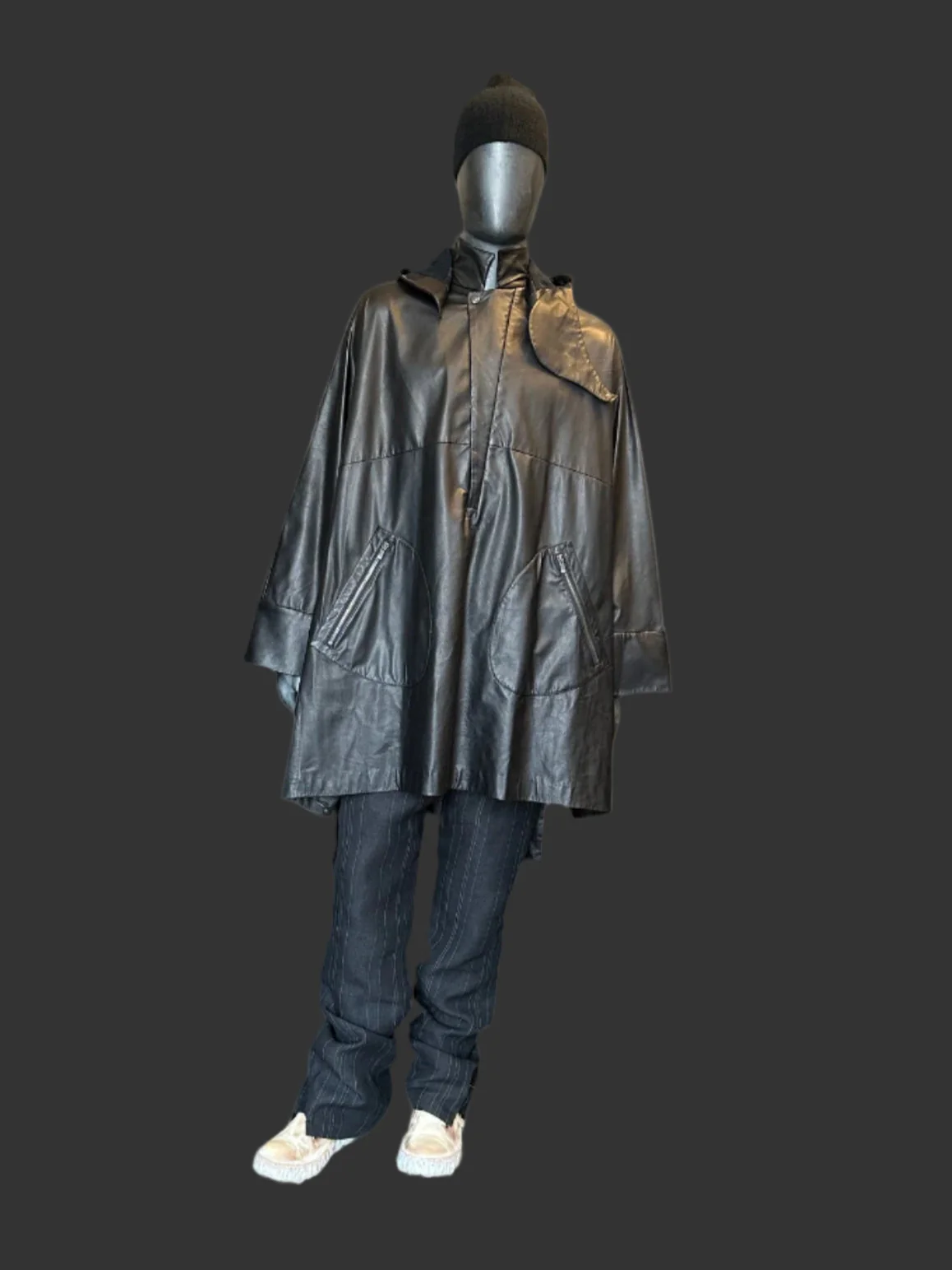 Black Luster Soft Steer Leather Hooded Smock Poncho - Image 19