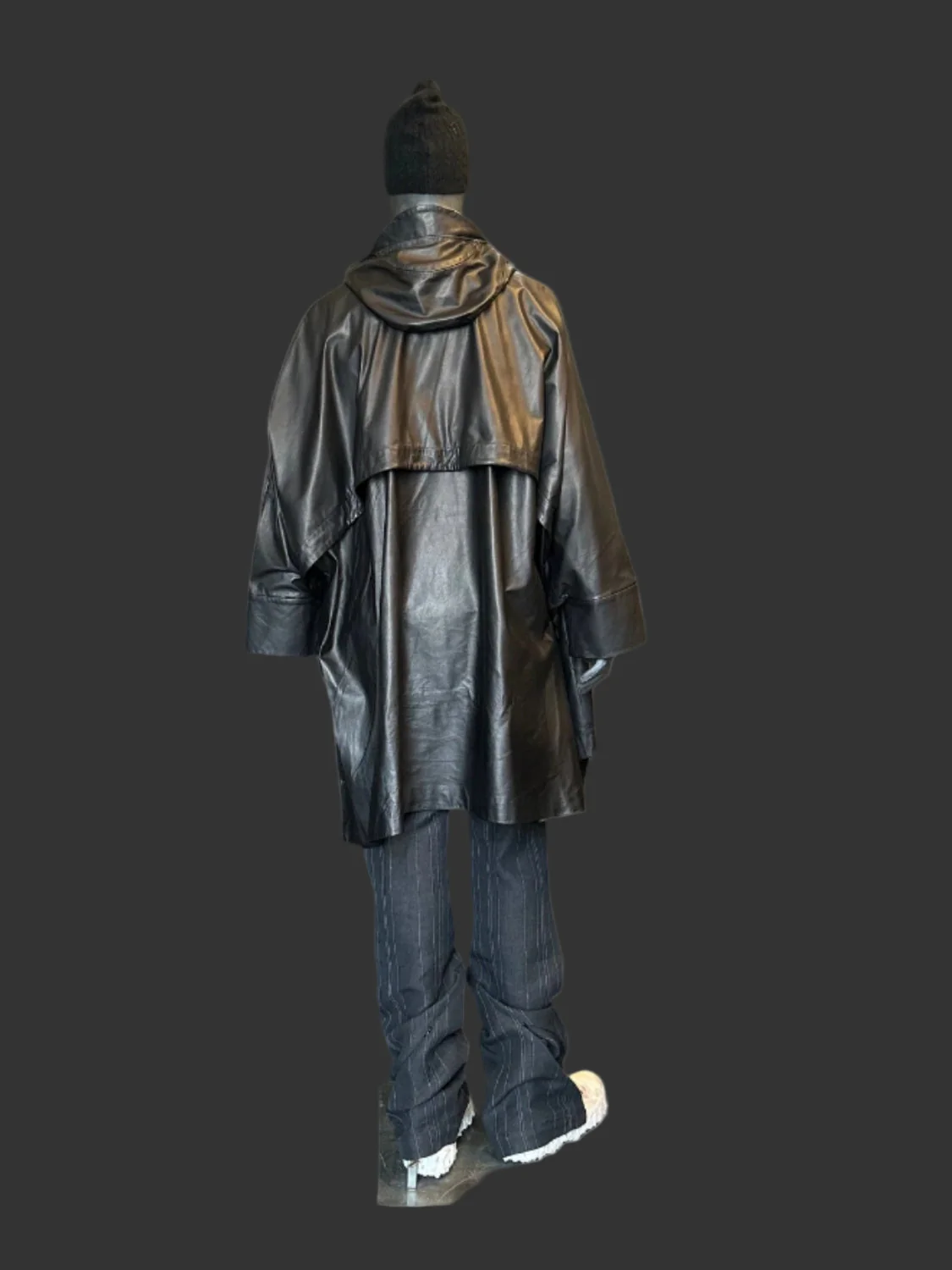 Black Luster Soft Steer Leather Hooded Smock Poncho - Image 22
