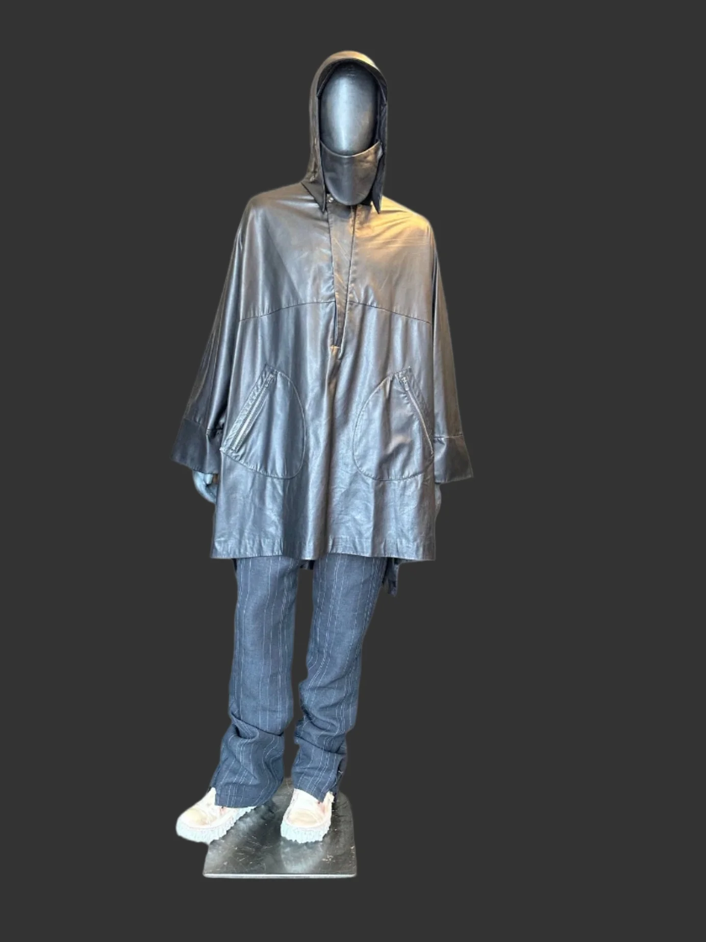 Black Luster Soft Steer Leather Hooded Smock Poncho - Image 8