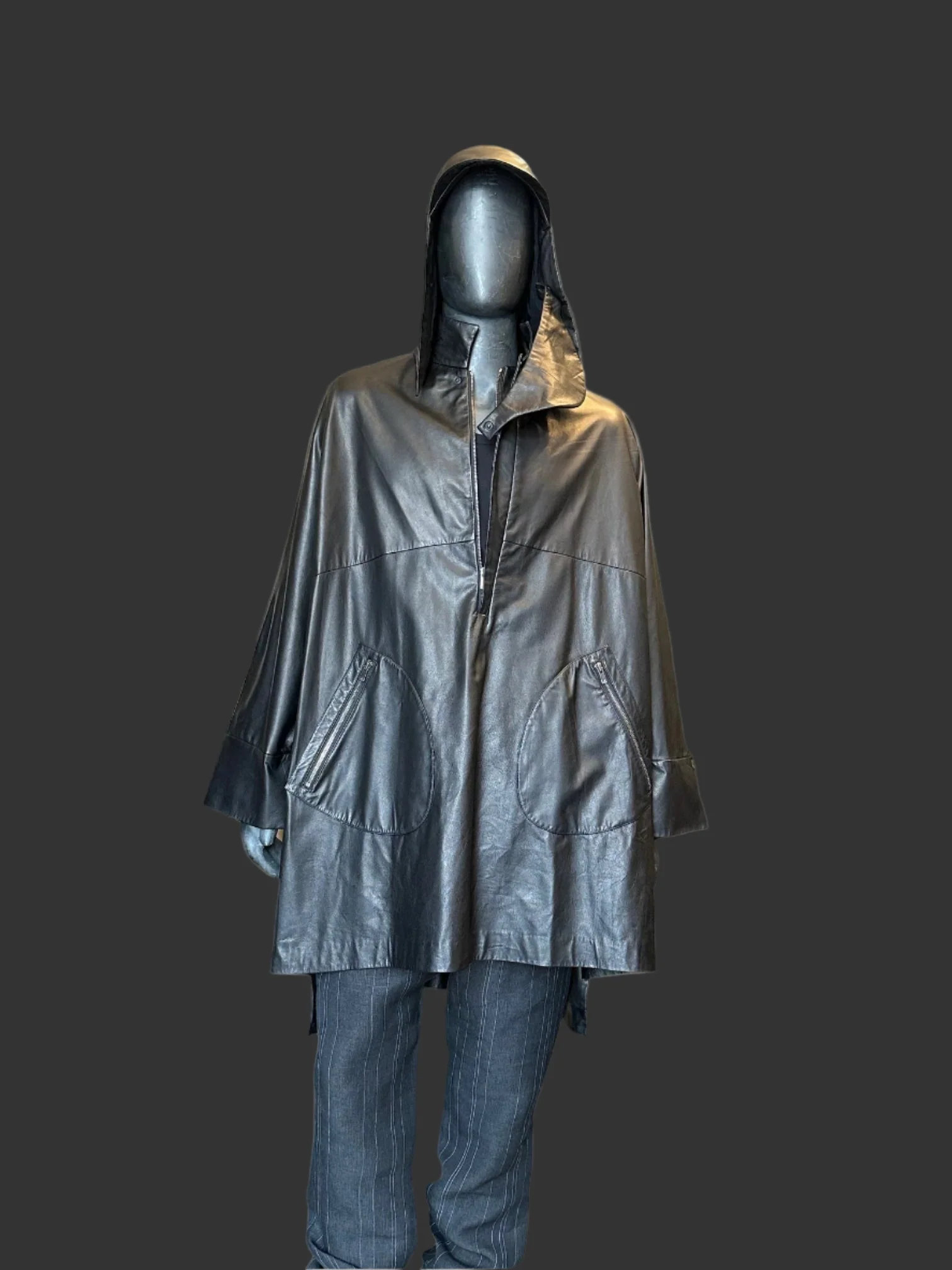 Black Luster Soft Steer Leather Hooded Smock Poncho - Image 9