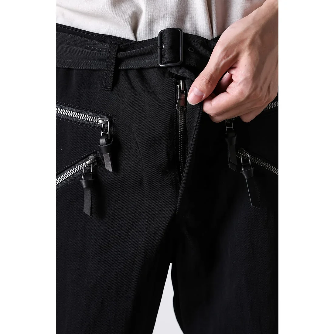 Black Nylon Wool Twill Slim Cropped Zipper Pocket Pants - Image 11