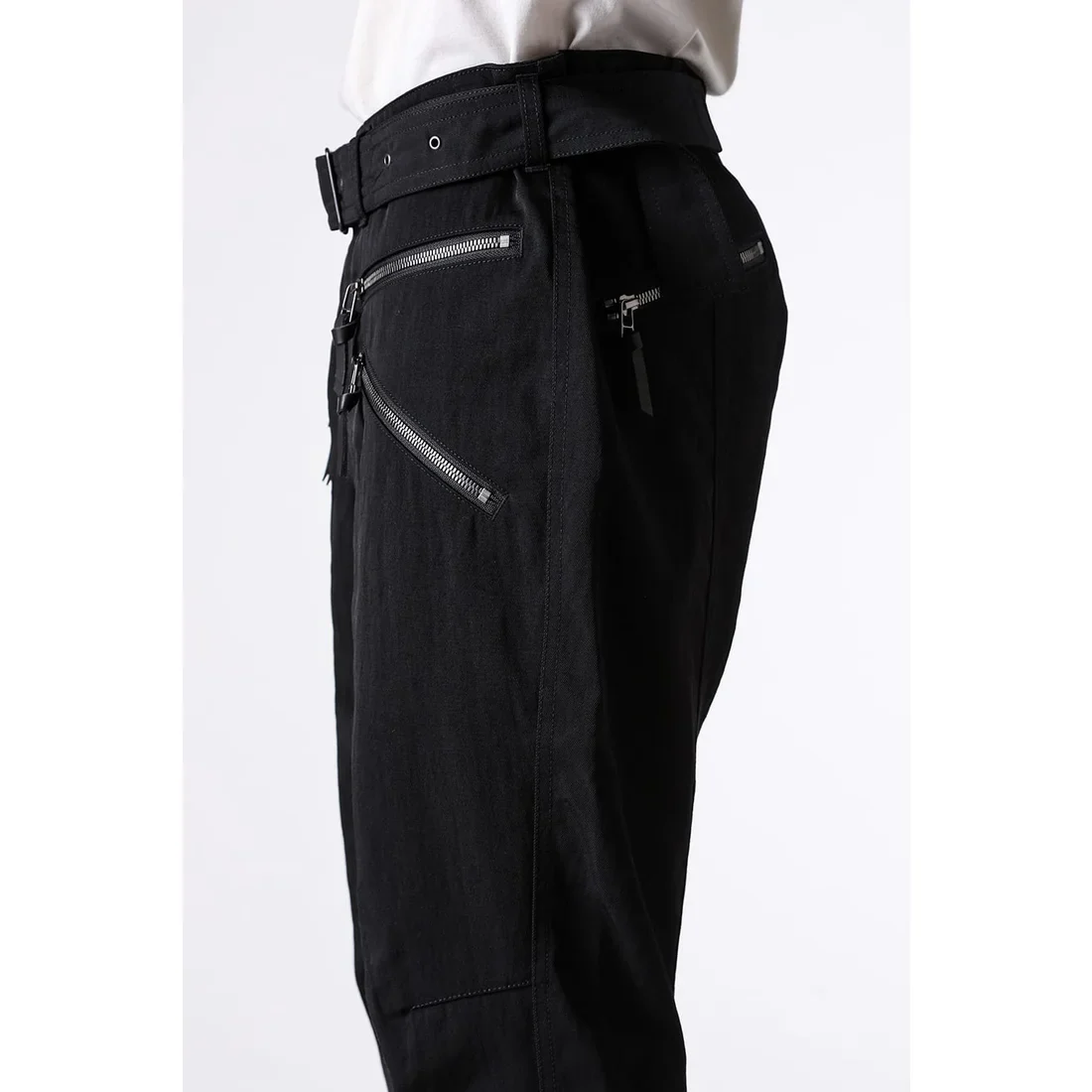 Black Nylon Wool Twill Slim Cropped Zipper Pocket Pants - Image 12
