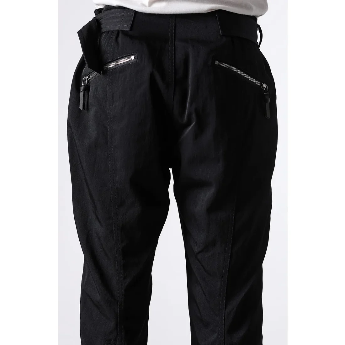 Black Nylon Wool Twill Slim Cropped Zipper Pocket Pants - Image 14