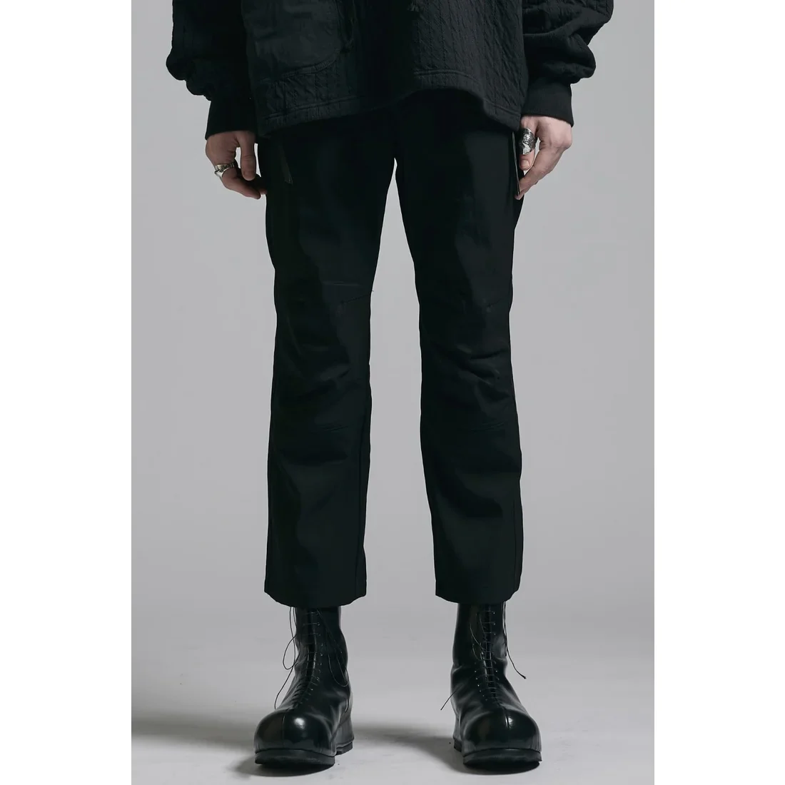 Black Nylon Wool Twill Slim Cropped Zipper Pocket Pants - Image 17