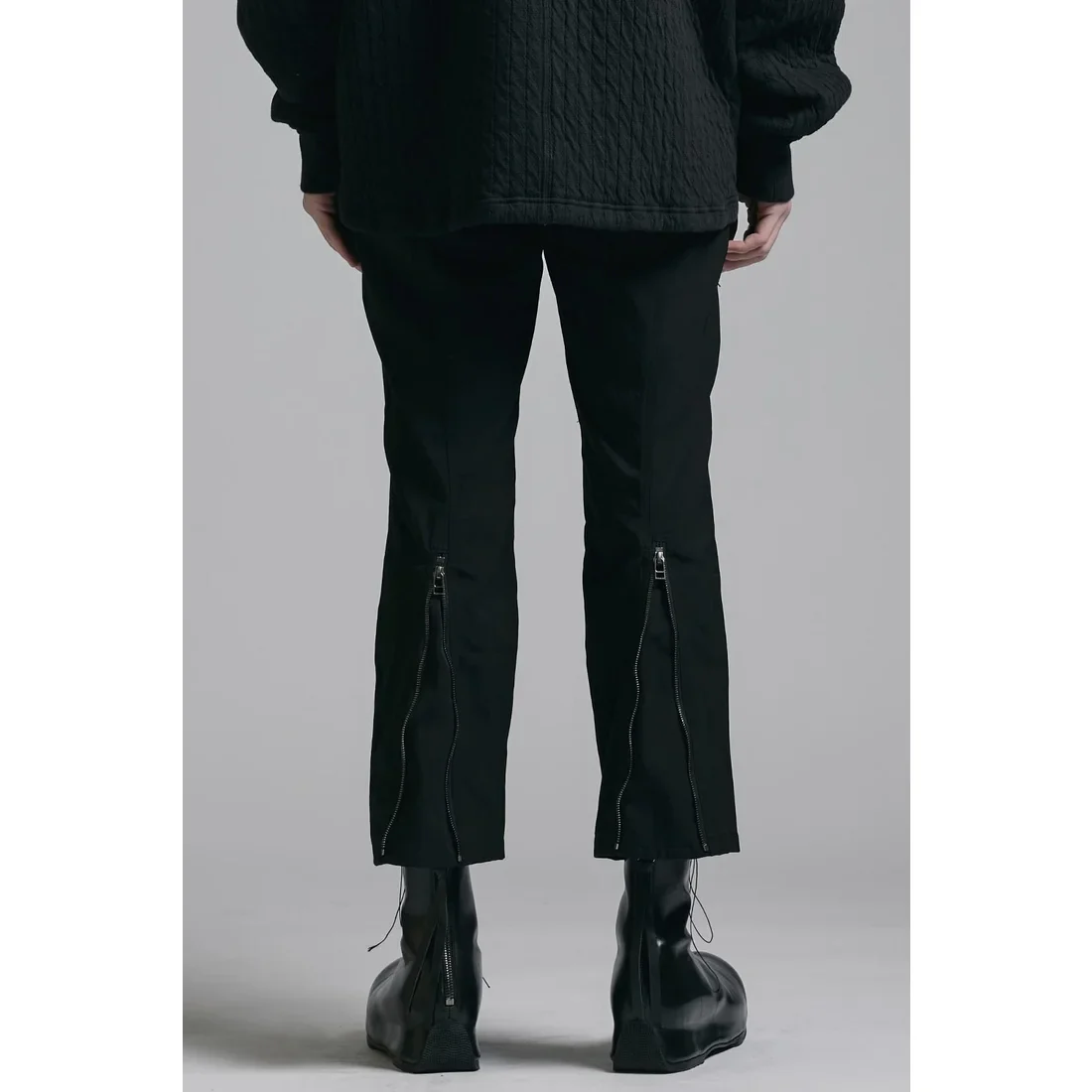 Black Nylon Wool Twill Slim Cropped Zipper Pocket Pants - Image 18