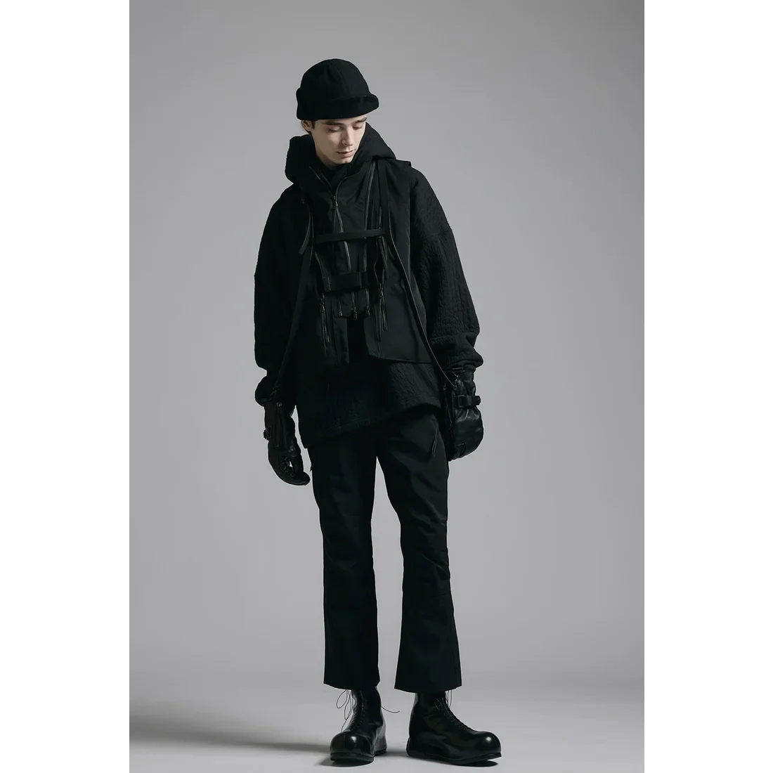 Black Nylon Wool Twill Slim Cropped Zipper Pocket Pants - Image 19