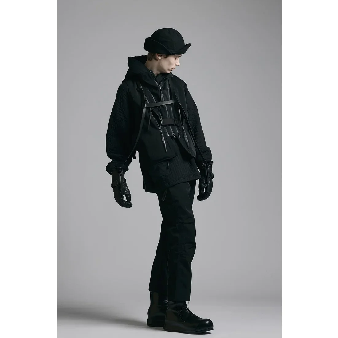 Black Nylon Wool Twill Slim Cropped Zipper Pocket Pants - Image 20