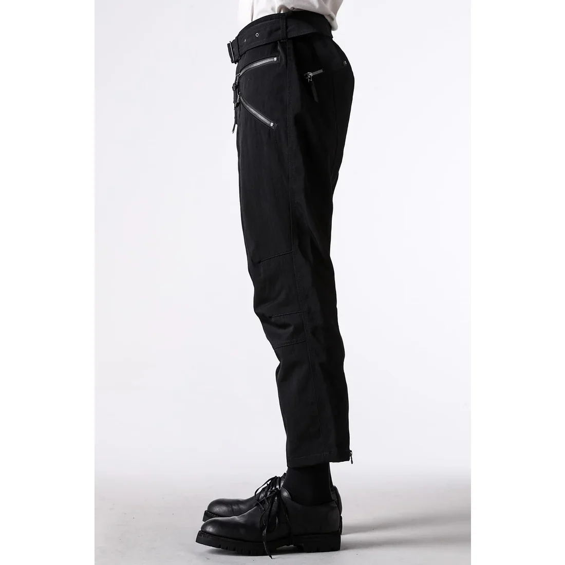 Black Nylon Wool Twill Slim Cropped Zipper Pocket Pants - Image 3
