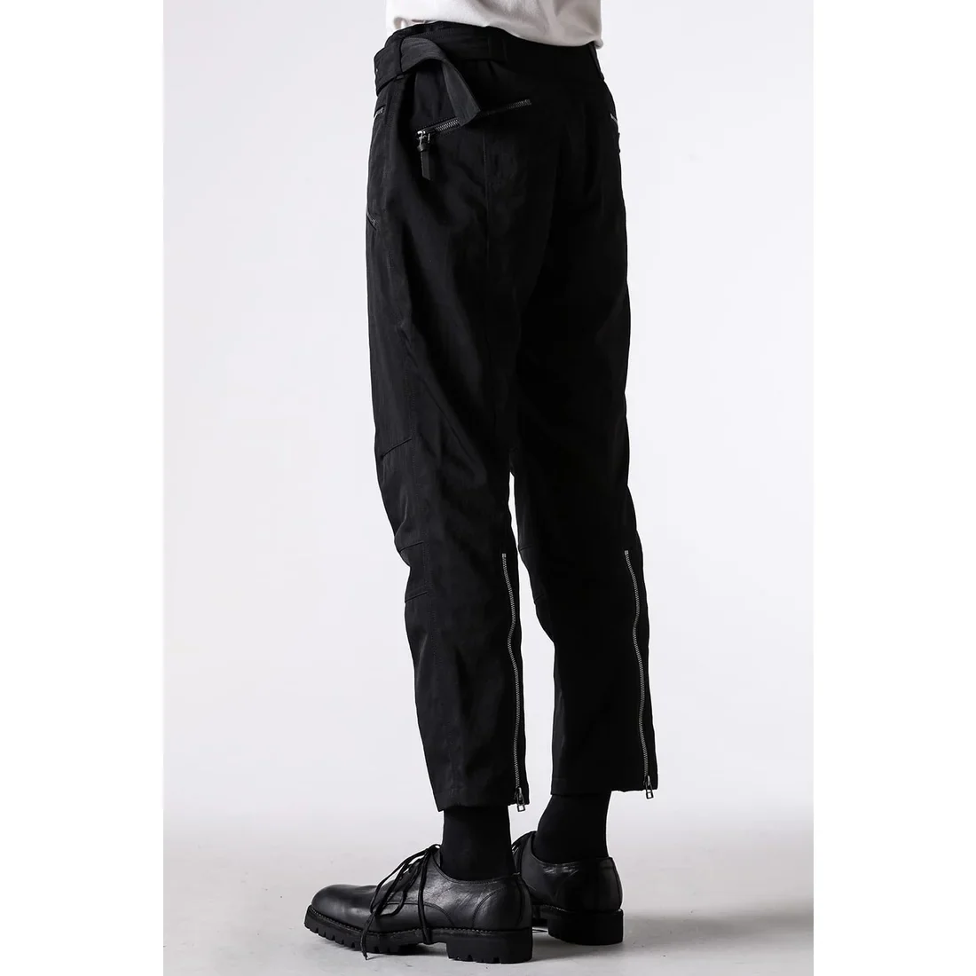 Black Nylon Wool Twill Slim Cropped Zipper Pocket Pants - Image 4