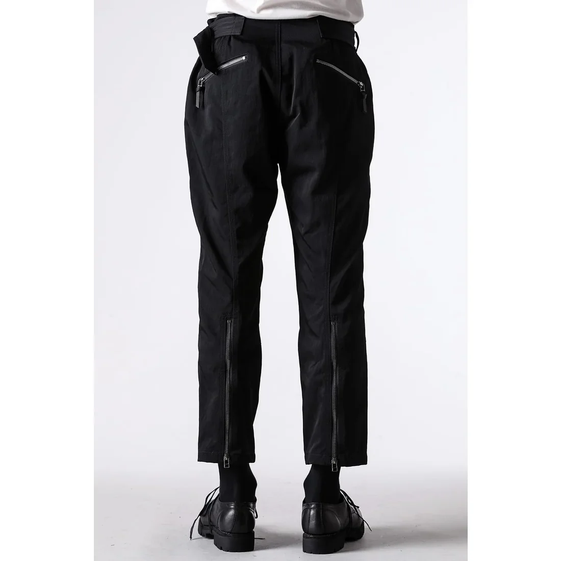 Black Nylon Wool Twill Slim Cropped Zipper Pocket Pants - Image 5