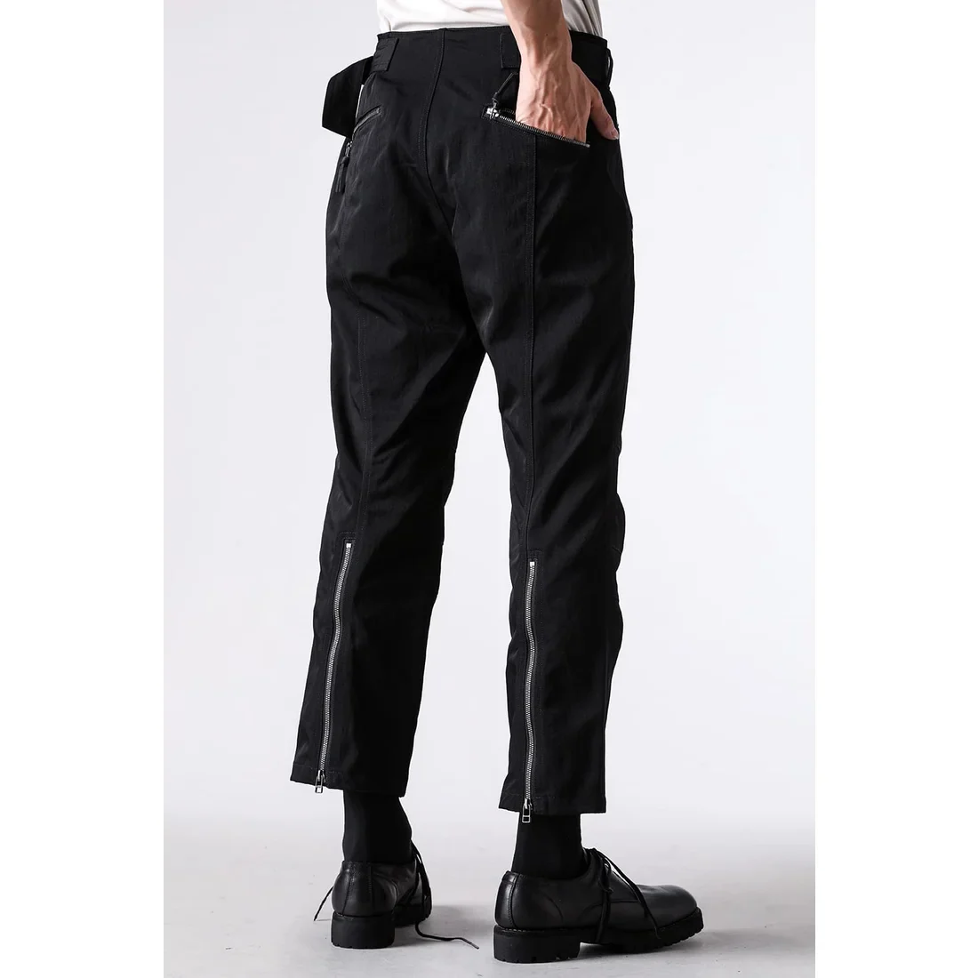 Black Nylon Wool Twill Slim Cropped Zipper Pocket Pants - Image 6