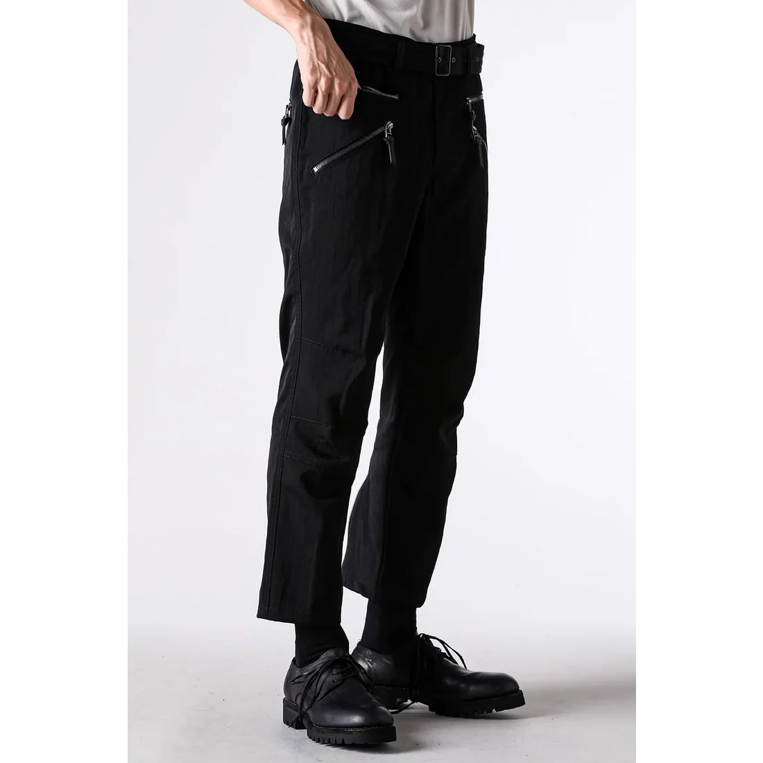 Black Nylon Wool Twill Slim Cropped Zipper Pocket Pants - Image 7