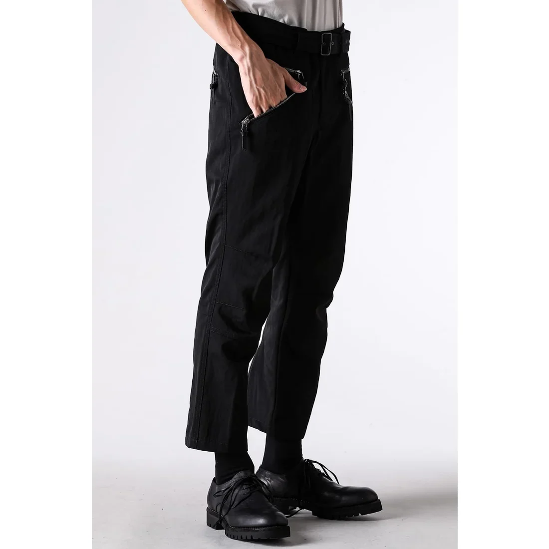 Black Nylon Wool Twill Slim Cropped Zipper Pocket Pants - Image 8