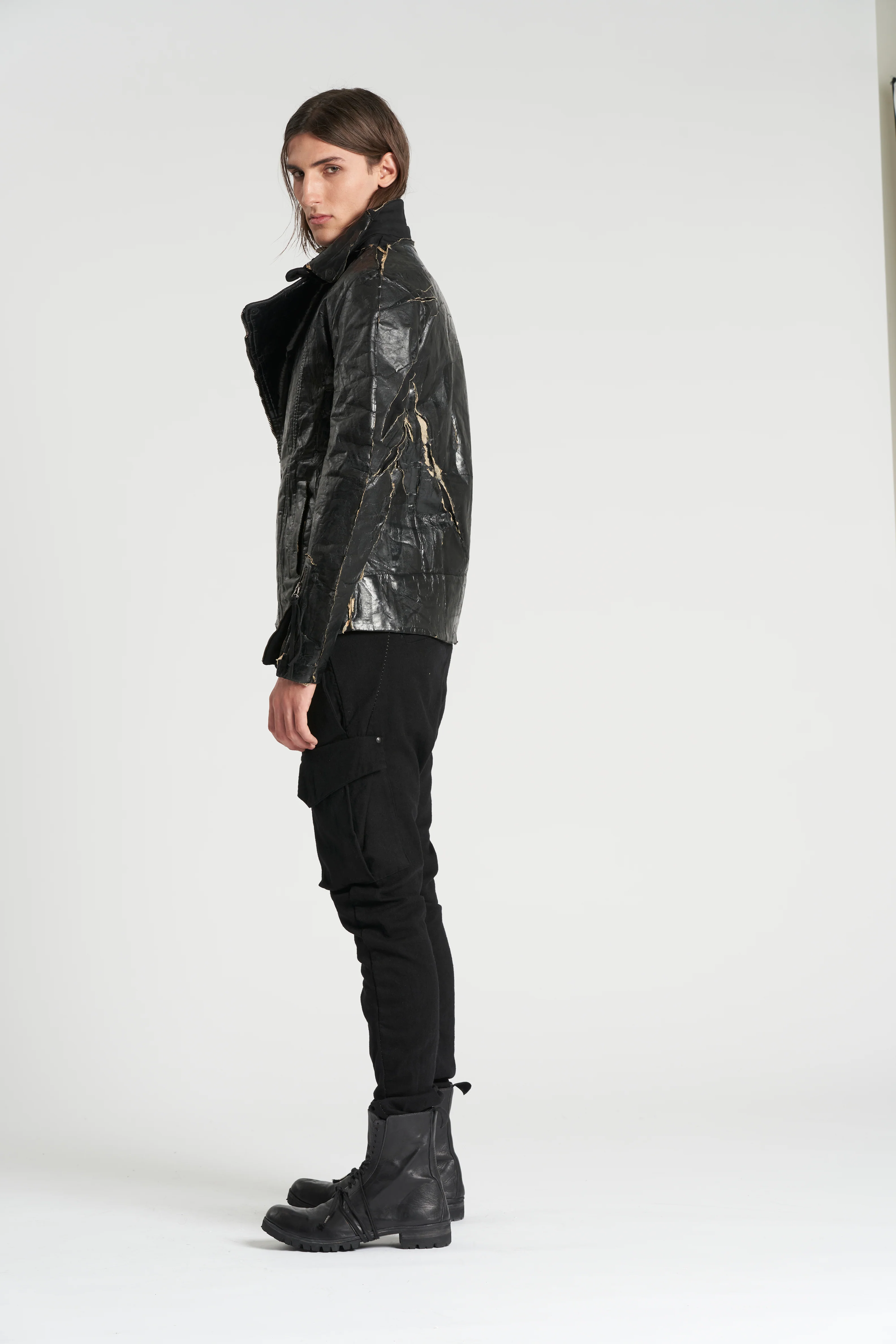 Black Paper Laminate on Thick Cotton Biker Jacket - Image 5