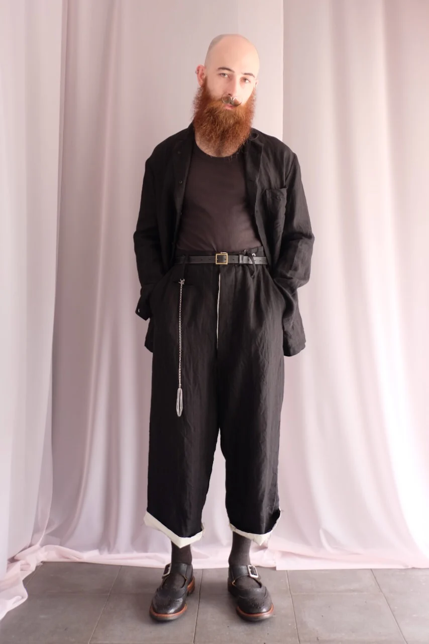 Black Ramie Cotton Cropped Straight Trousers
