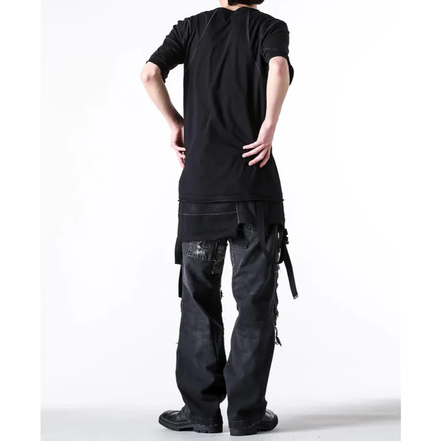 Black Soft Cotton Jersey Belt Adjust Long T-Shirt - Image 4