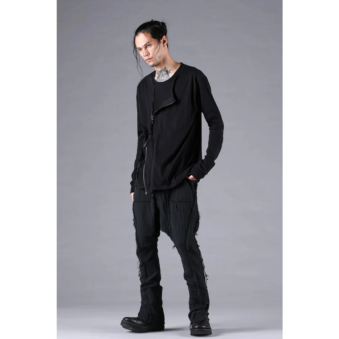 Black Soft Cotton Jersey Front Zipper Layered T-Shirt - Image 10