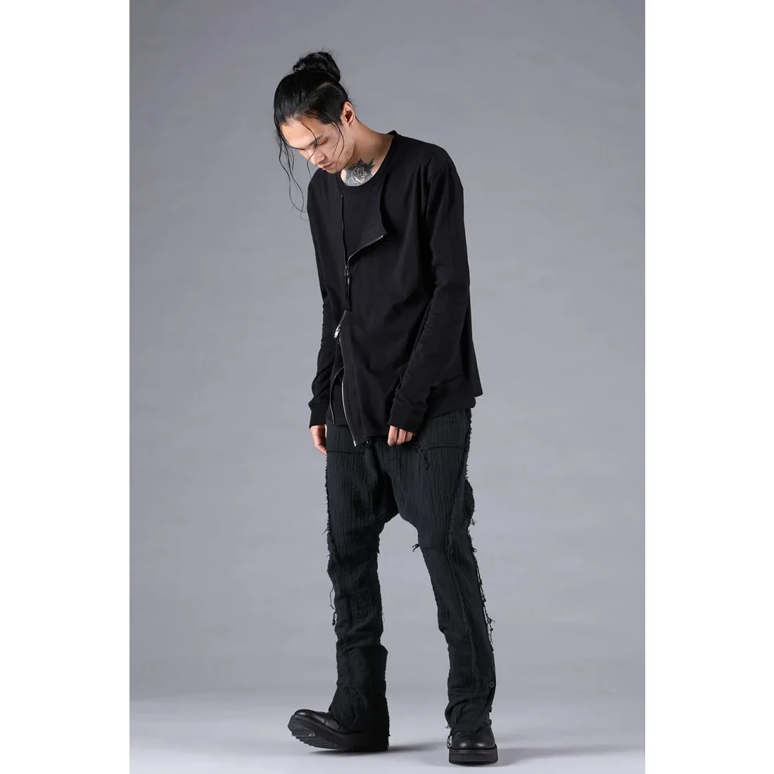 Black Soft Cotton Jersey Front Zipper Layered T-Shirt - Image 11