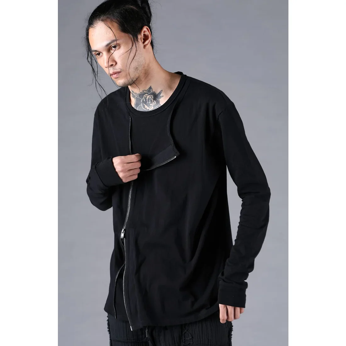 Black Soft Cotton Jersey Front Zipper Layered T-Shirt - Image 6