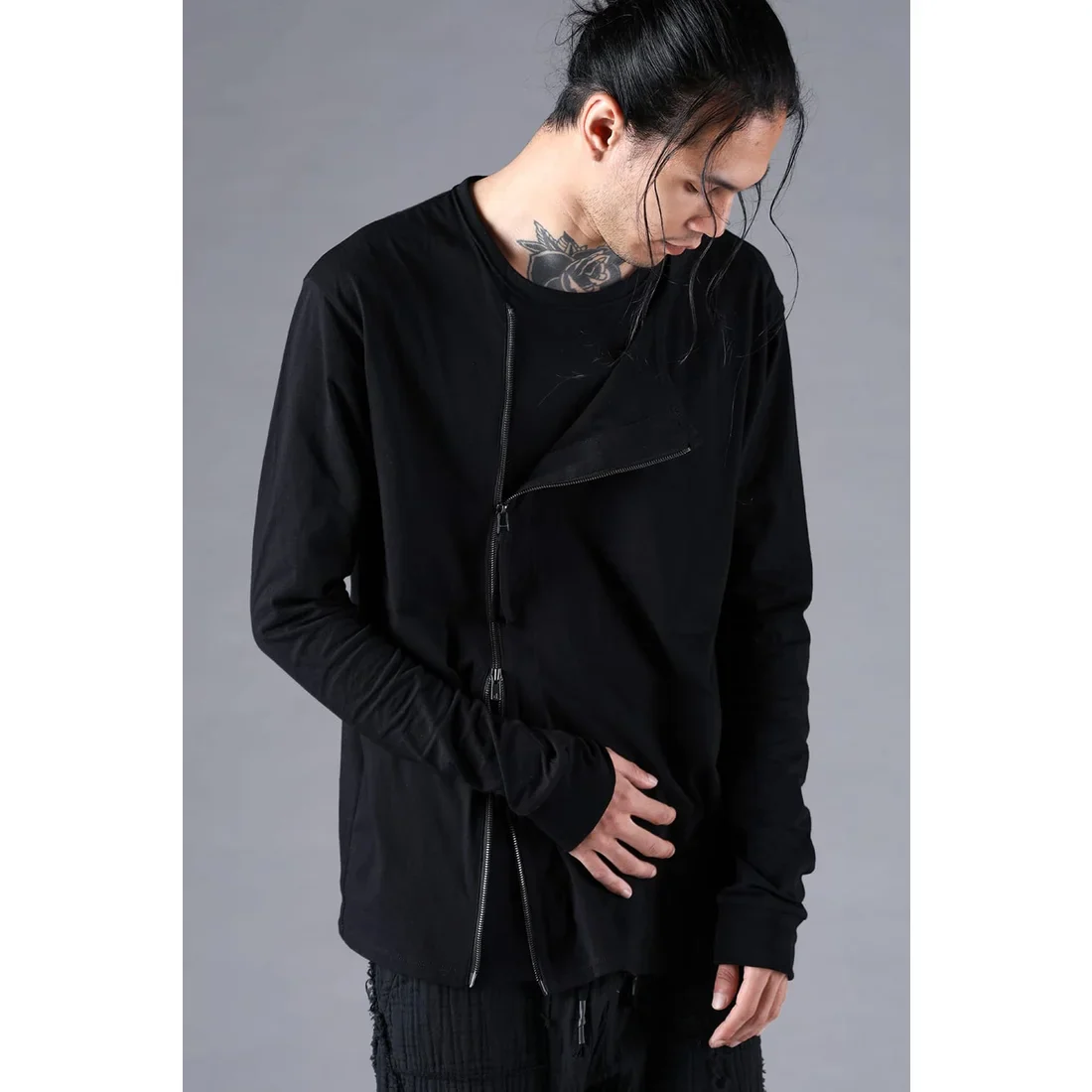 Black Soft Cotton Jersey Front Zipper Layered T-Shirt - Image 7