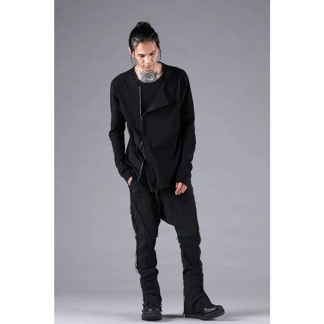 Black Soft Cotton Jersey Front Zipper Layered T-Shirt - Image 8