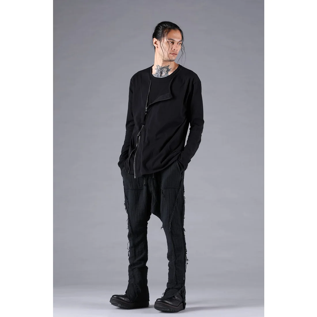 Black Soft Cotton Jersey Front Zipper Layered T-Shirt - Image 9