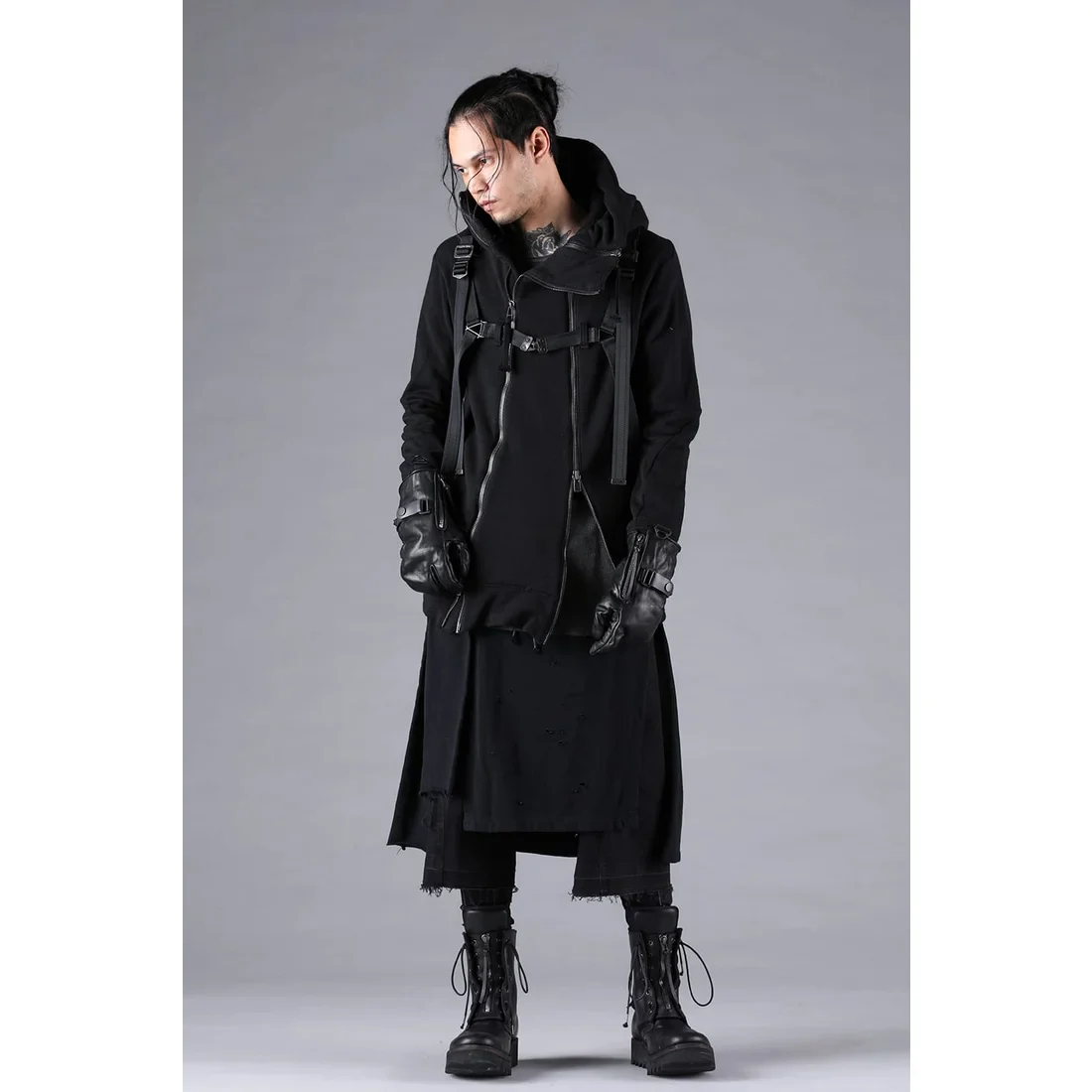 Black Stretch Denim Damage Apron Wide Cropped Pants - Image 10