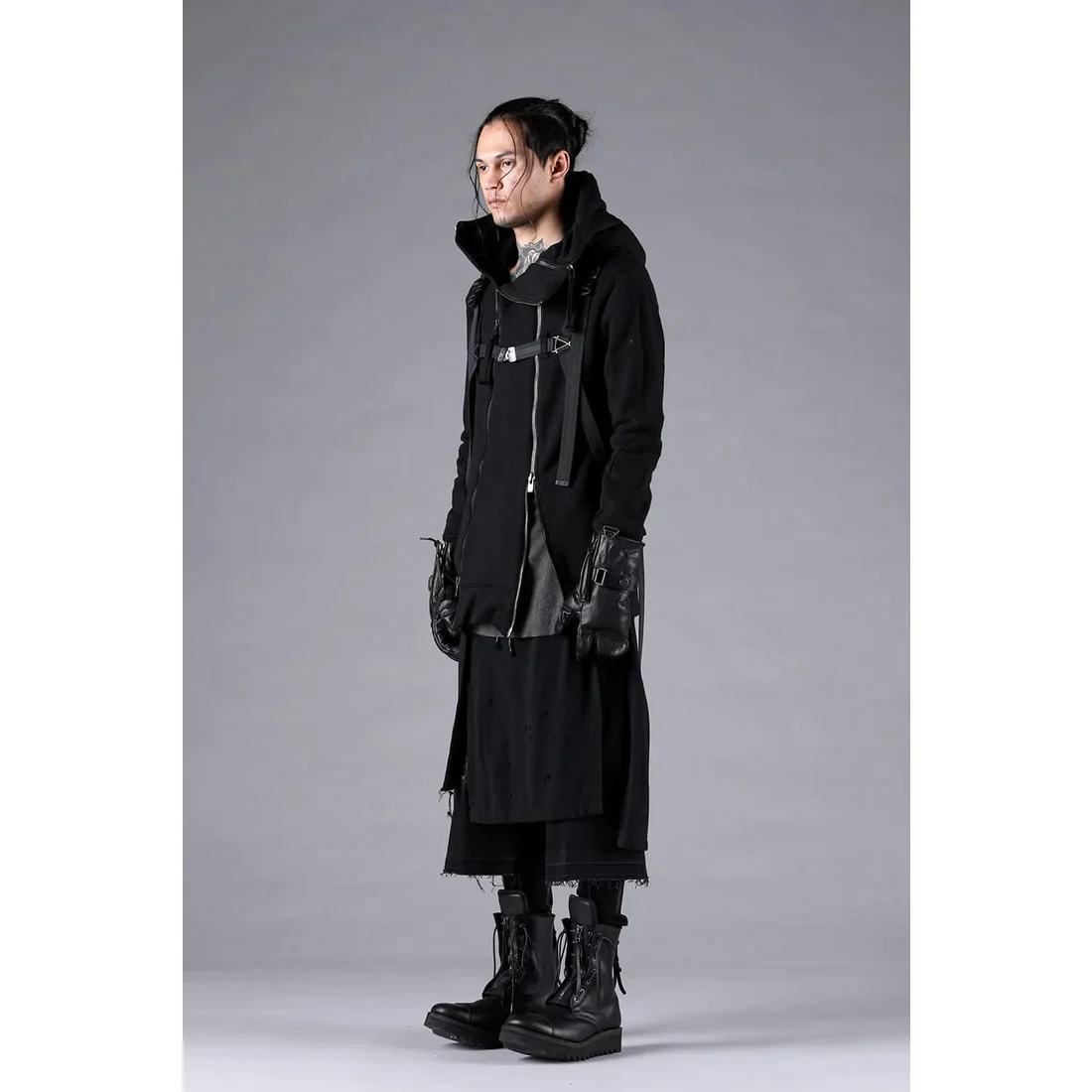 Black Stretch Denim Damage Apron Wide Cropped Pants - Image 11