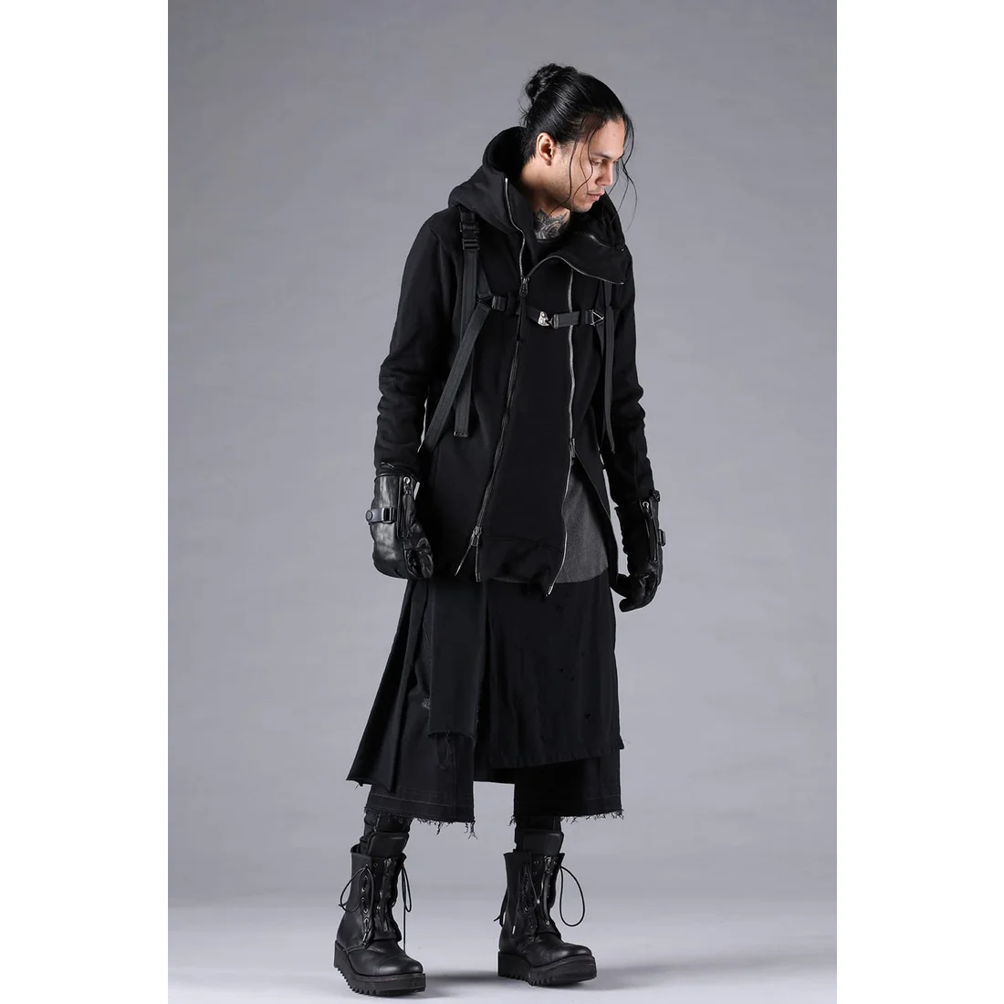 Black Stretch Denim Damage Apron Wide Cropped Pants - Image 12