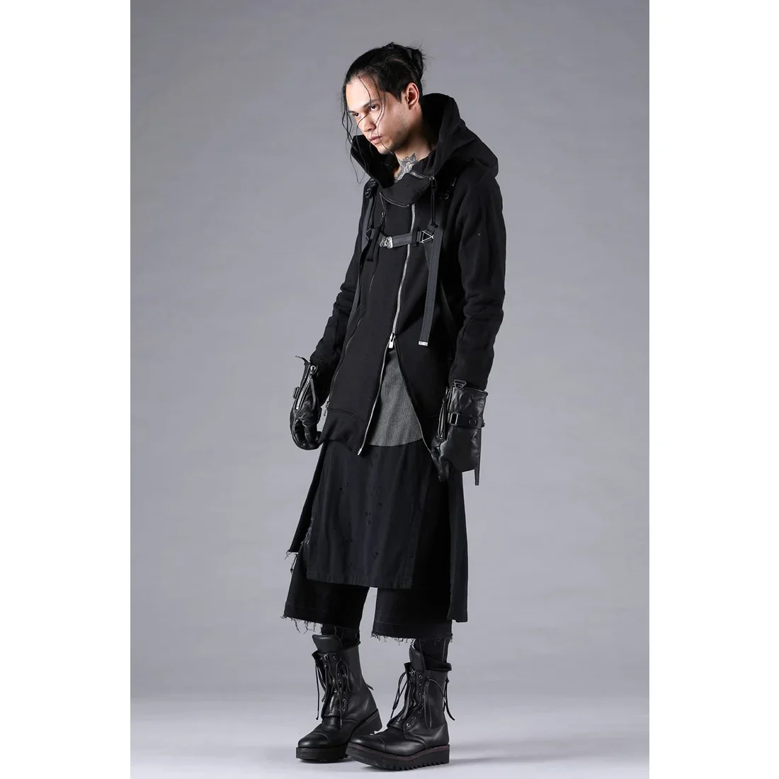 Black Stretch Denim Damage Apron Wide Cropped Pants - Image 13