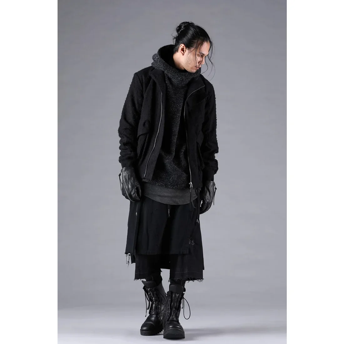 Black Stretch Denim Damage Apron Wide Cropped Pants - Image 14