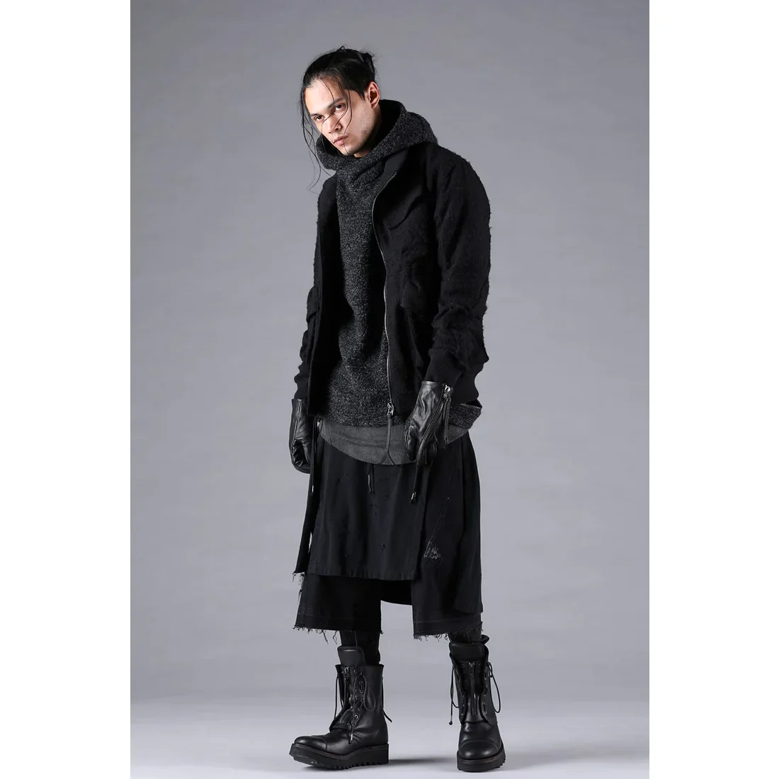 Black Stretch Denim Damage Apron Wide Cropped Pants - Image 15