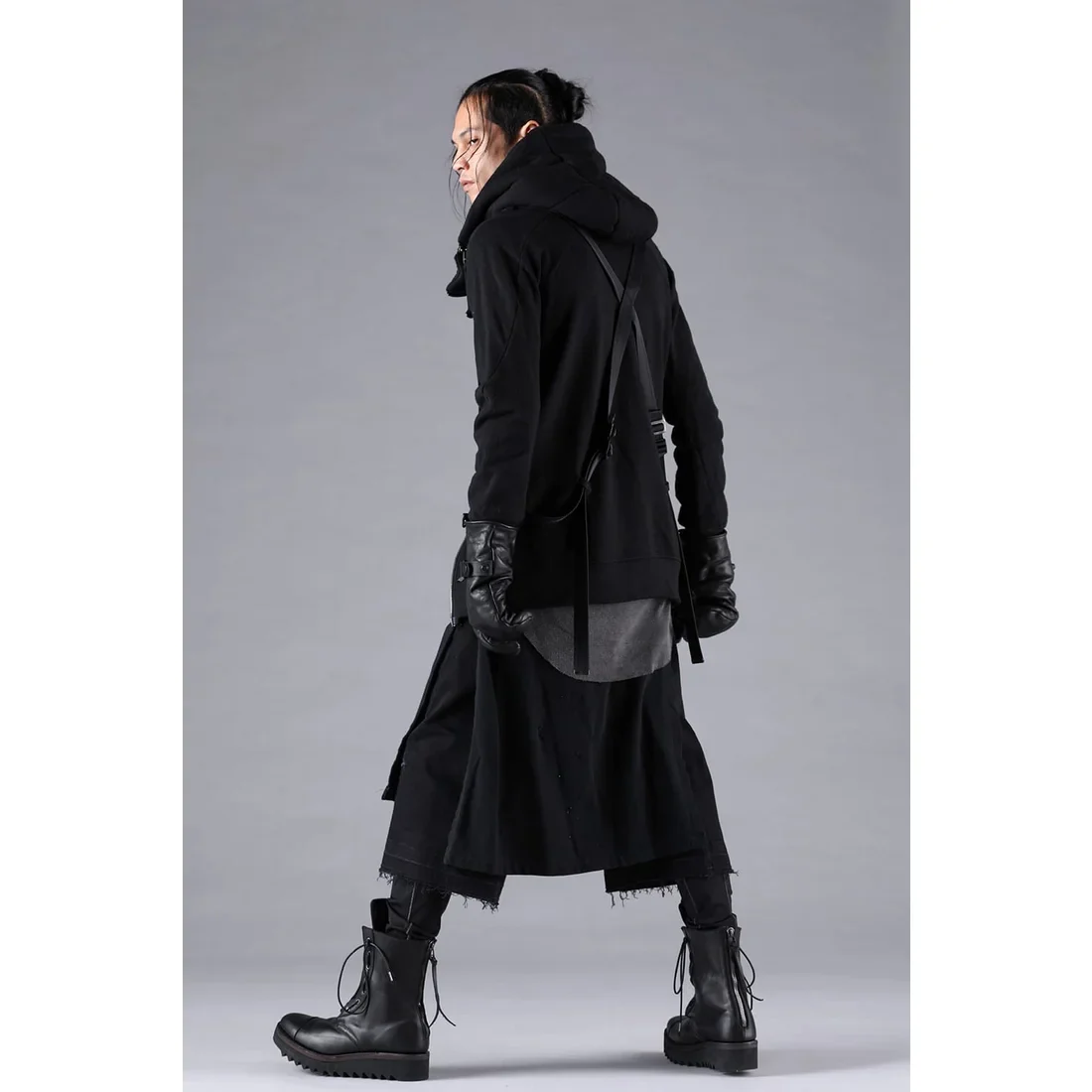 Black Stretch Denim Damage Apron Wide Cropped Pants - Image 16